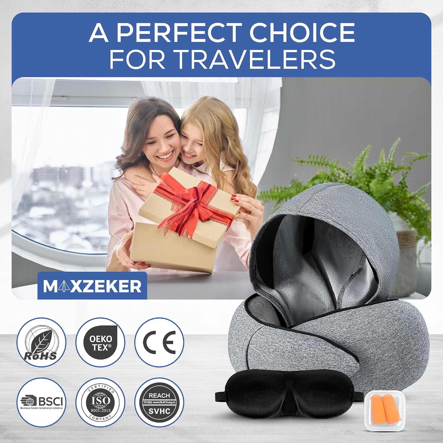 Travel Neck Pillows for Airplanes – Sleep Comfortably on Long Flights, Roadtrips, Home or Office. All-in-One Travel Sleep Kit with Hood…