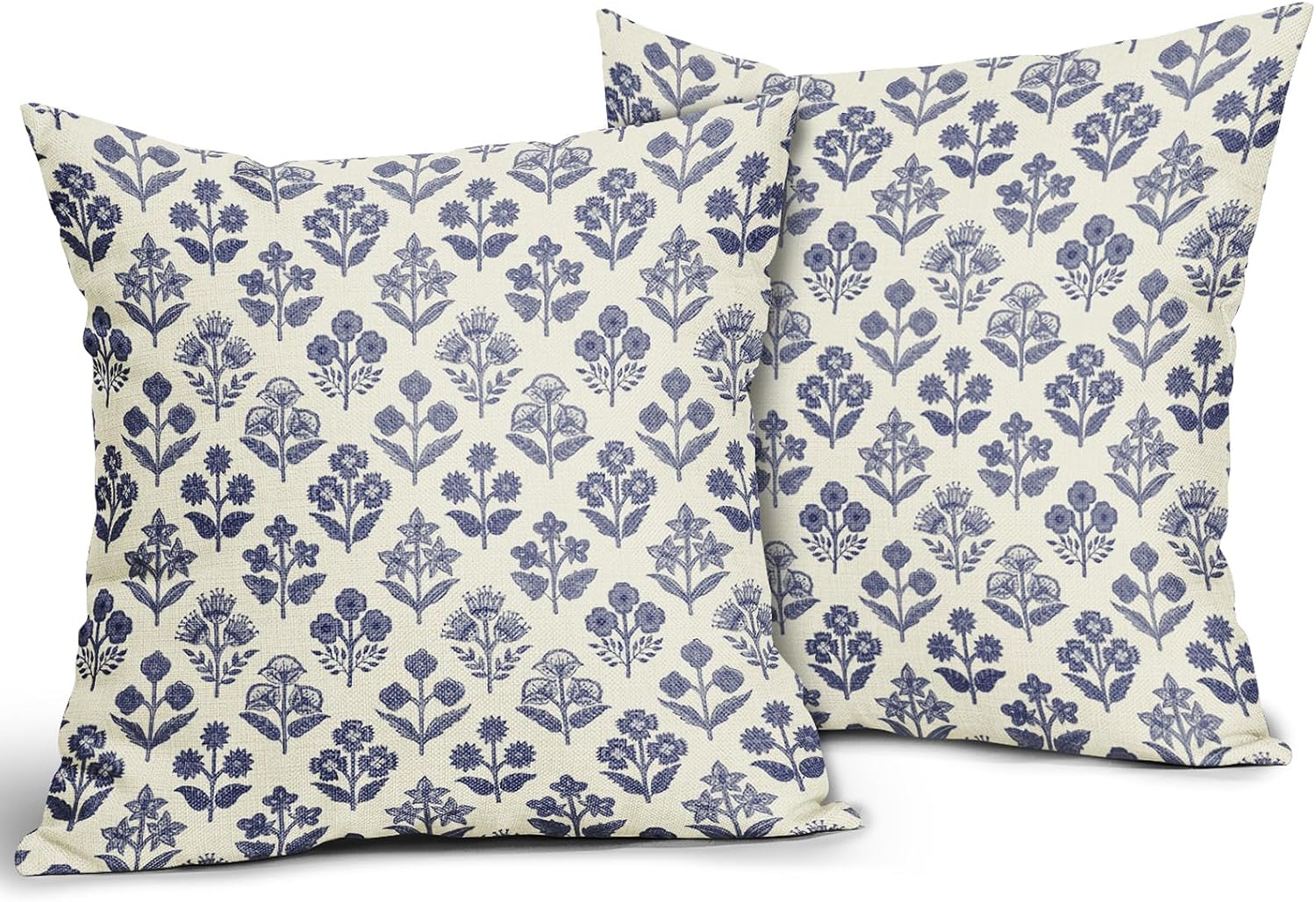 Navy Blue Floral Pillow Covers 22x22 Inch Set of 2, Vintage Flower Block Print Pattern Decorative Throw Pillowcases Outdoor Farmhouse…