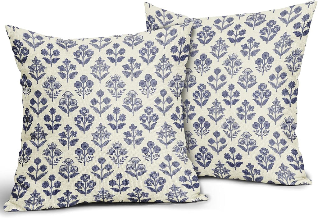 Navy Blue Floral Pillow Covers 18x18 Inch Set of 2, Vintage Flower Block Print Pattern Decorative Throw Pillowcases Outdoor Farmhouse…