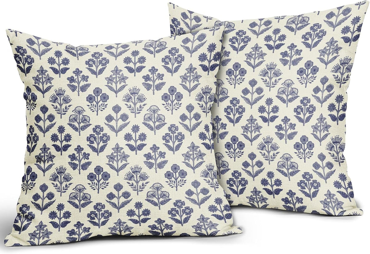 Navy Blue Floral Pillow Covers 16x16 Inch Set of 2, Vintage Flower Block Print Pattern Decorative Throw Pillowcases Outdoor Farmhouse…