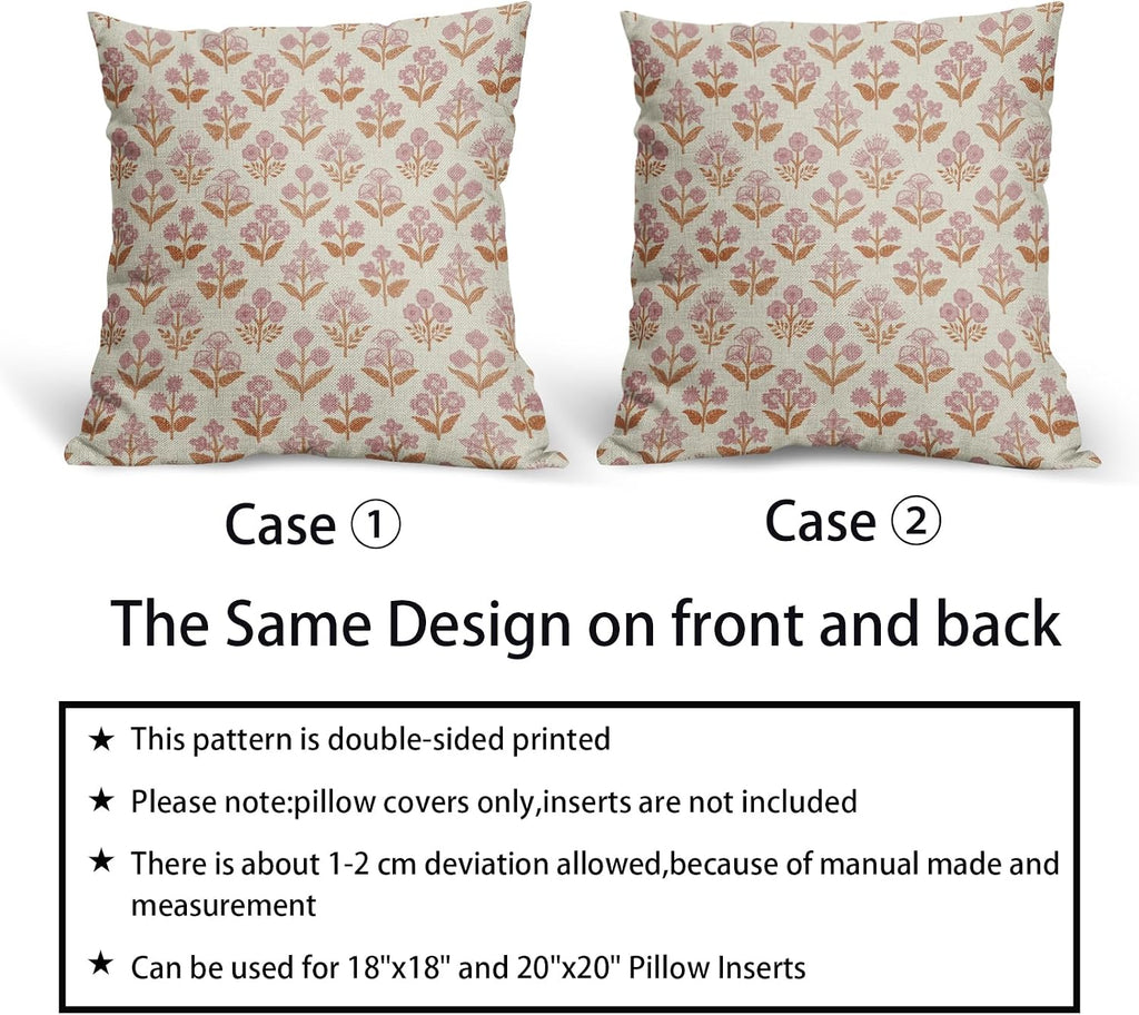 Orange Pink Floral Block Print Pillow Covers 20x20 Inch Set of 2, Vintage Flower Pattern Decorative Throw Pillowcases Outdoor Farmhouse…