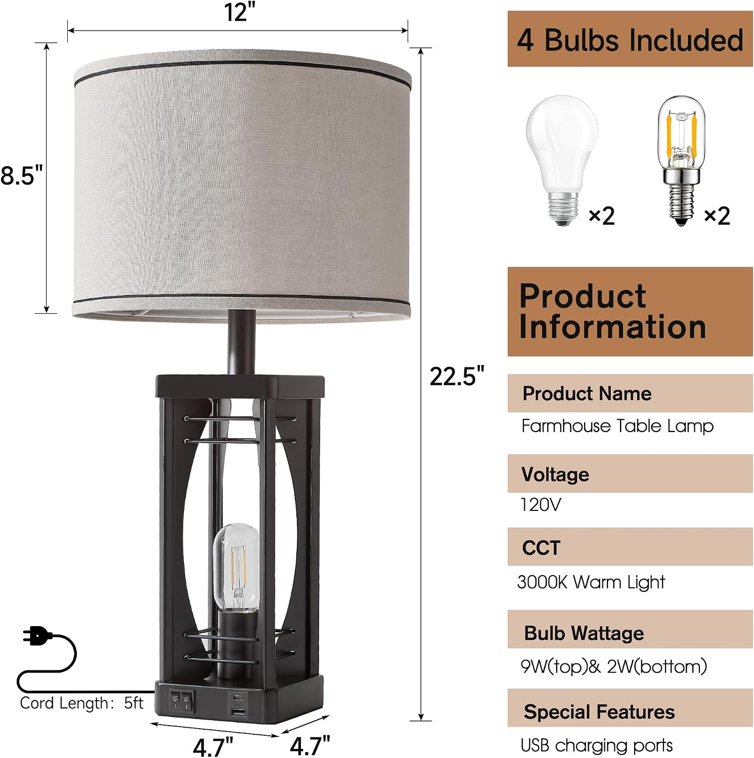 SRJJA Farmhouse Table Lamps Set of 2 for Living Room, Rustic Nightstand Lamps with USB A+C Charging Ports, 22.5" Dual Light Industrial…
