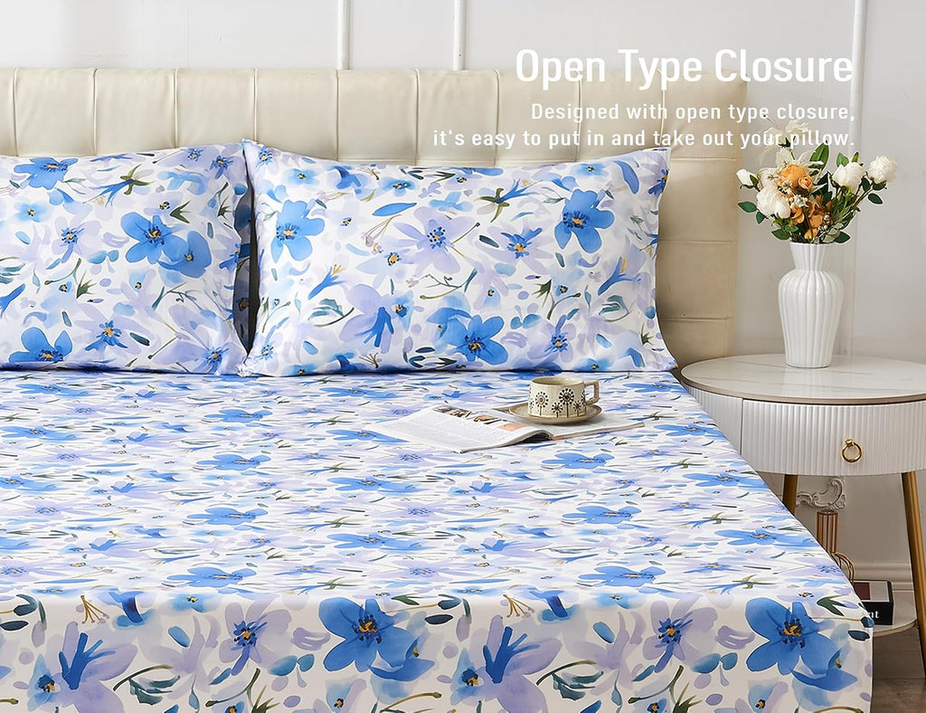 Sunflower Queen Pillowcases Set of 2, 100% Cotton Queen Size Pillow Cases 2, 20×30 inches Blue Bloom, Soft and Breathable