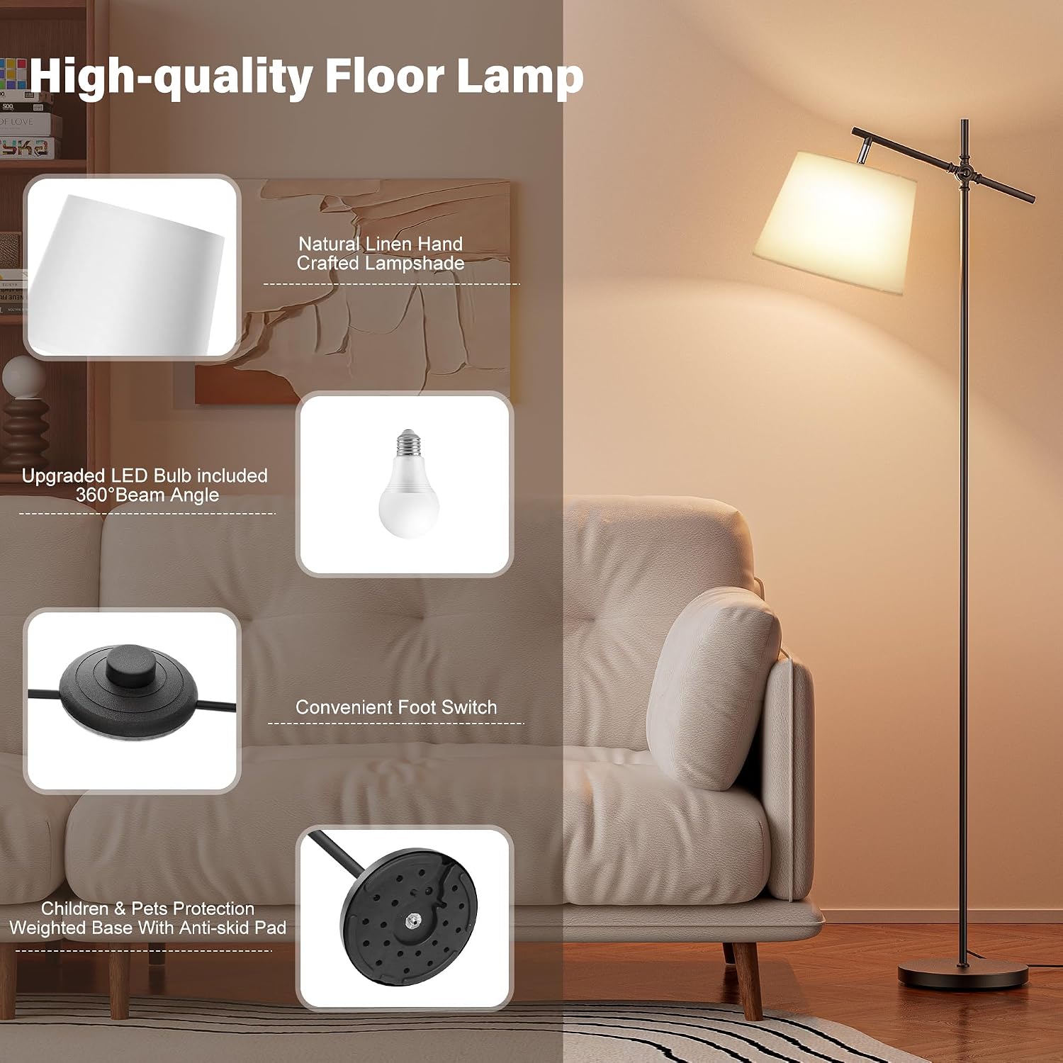 SIBRILLE Floor Lamp with Linen Shade, Dimmable Tall Standing Lamp with Remote Control & 3 Color Temperatures Bulb, Modern Swing Arm Floor…