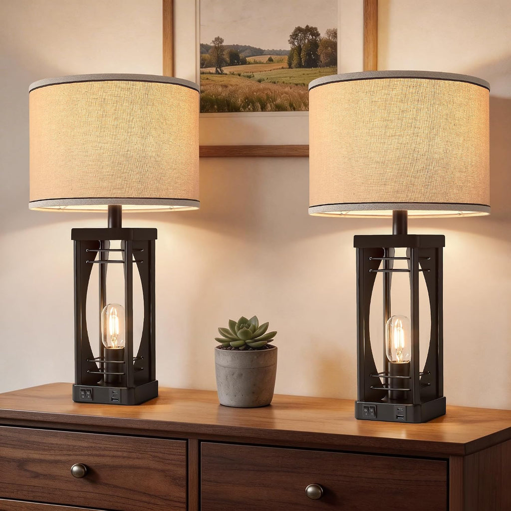 SRJJA Farmhouse Table Lamps Set of 2 for Living Room, Rustic Nightstand Lamps with USB A+C Charging Ports, 22.5" Dual Light Industrial…