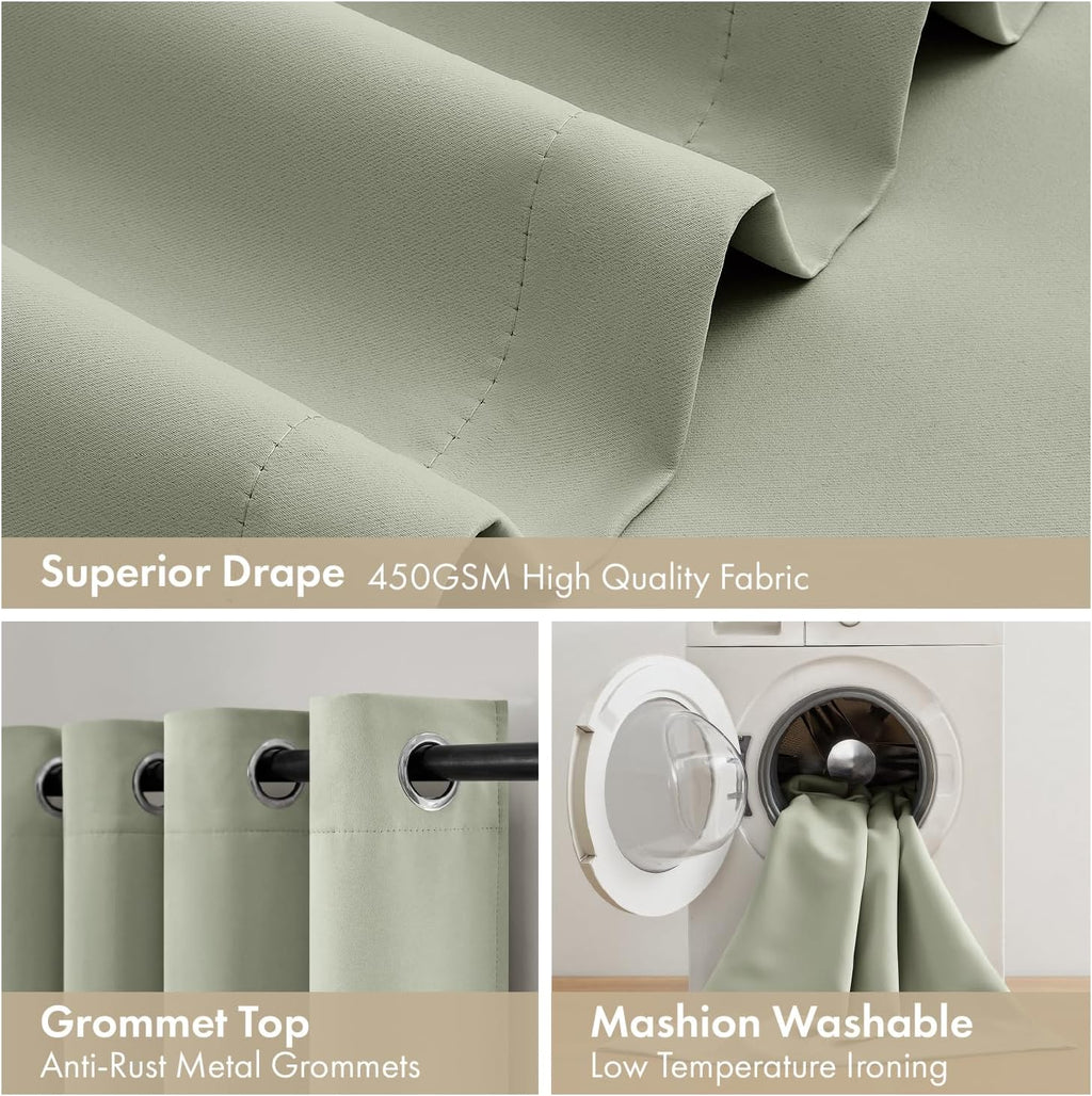 Miulee Sage Green 100% Blackout Curtains for Bedroom 84 Inch Long, 2 Thick Layers Thermal Insulated Black Out Window Curtains with Black Li…