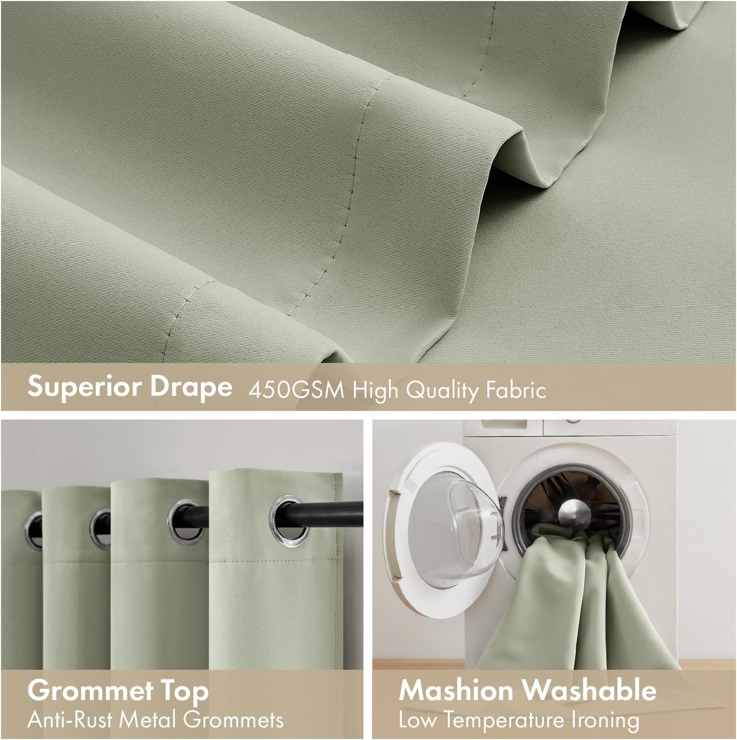 Miulee Sage Green 100% Blackout Curtains for Bedroom 90 Inch Long, 2 Thick Layers Thermal Insulated Black Out Window Curtains with Black Li…