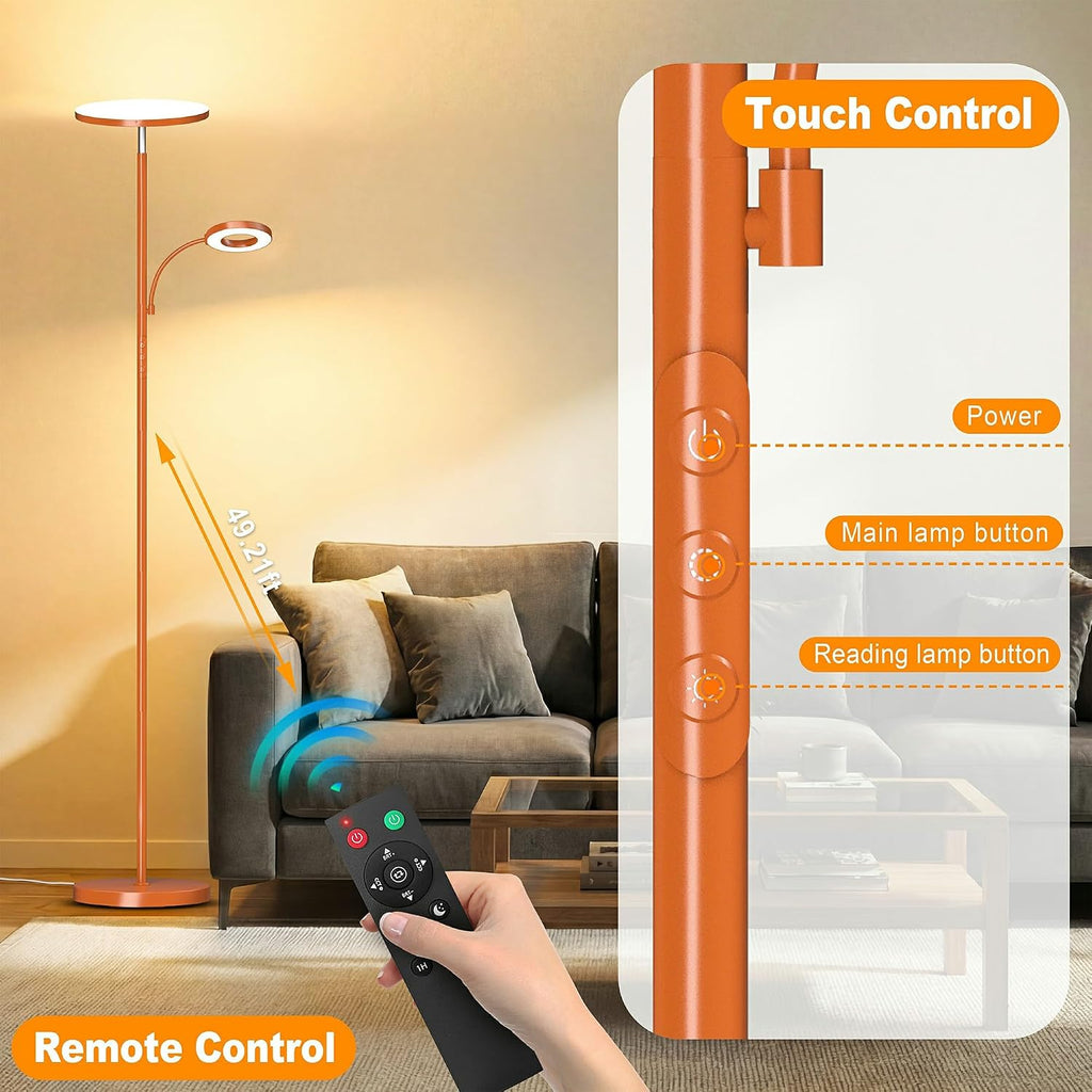 Marctronic Orange Floor Lamp, 42W 4000LM Super Bright LED Lamp with Reading Light for Living Room Bedroom Office, Touch Control, Dimmable S…