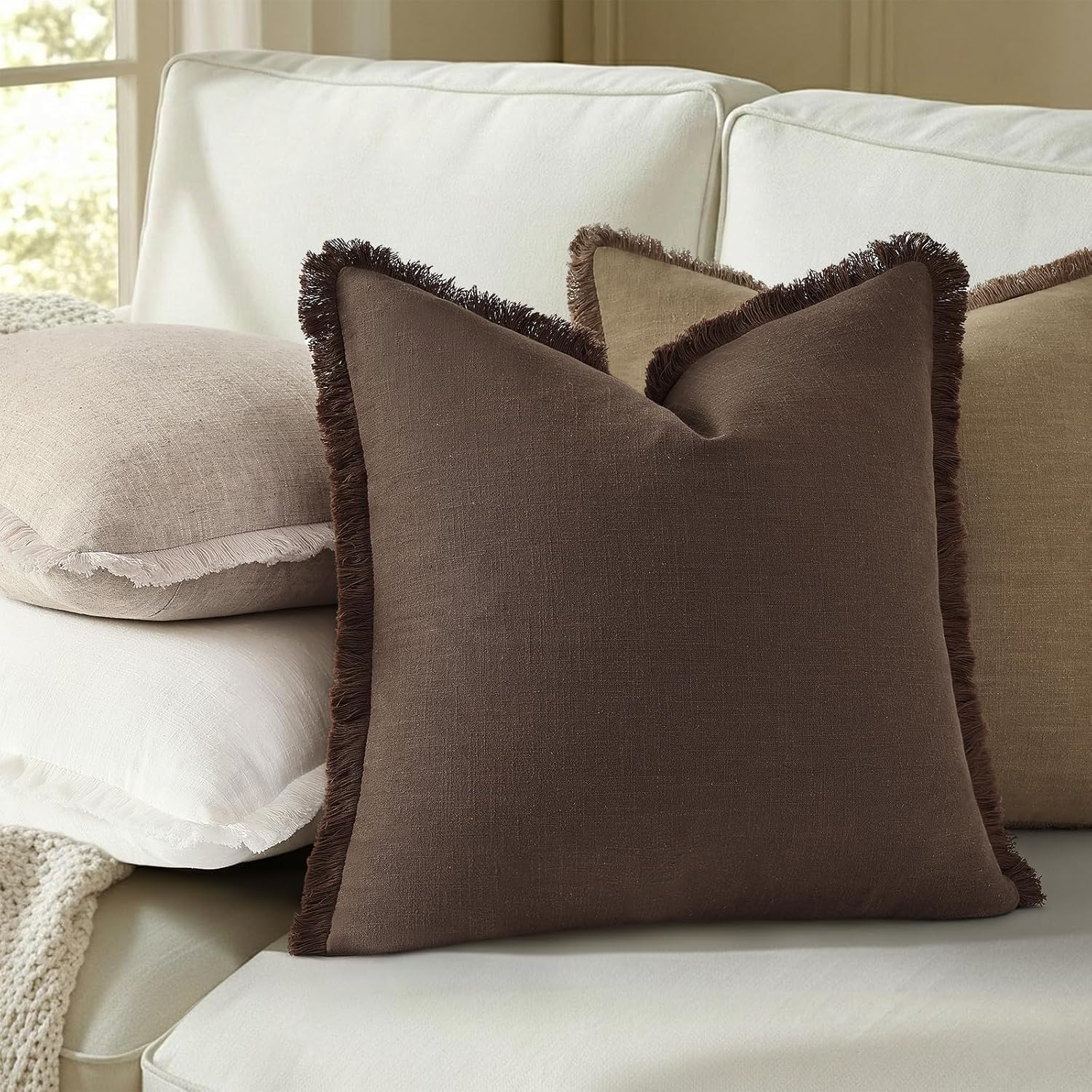 decorUhome Summer Decorative Neutral Linen Fringe Euro Sham Throw Pillow Covers Set of 2 Light Brown Pillow Covers with Tassels Soft Farmho…