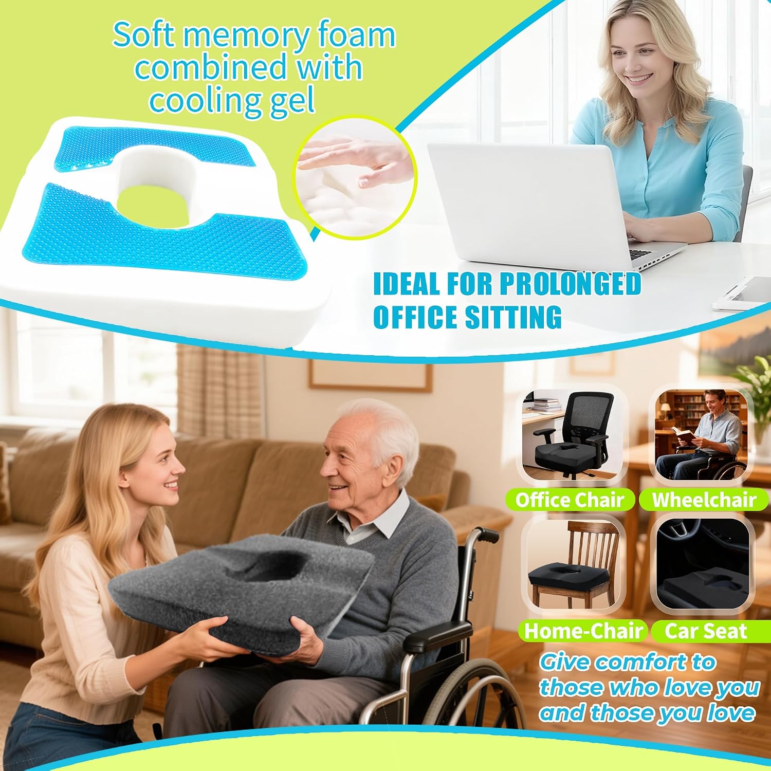 FoKon Gel & Memory Foam Wheelchair Seat Cushion, Donut Pillow for tailbone, Bed Sore Cushions for Butt, Pressure Relief, Sciatica, Coccyx, hemor…