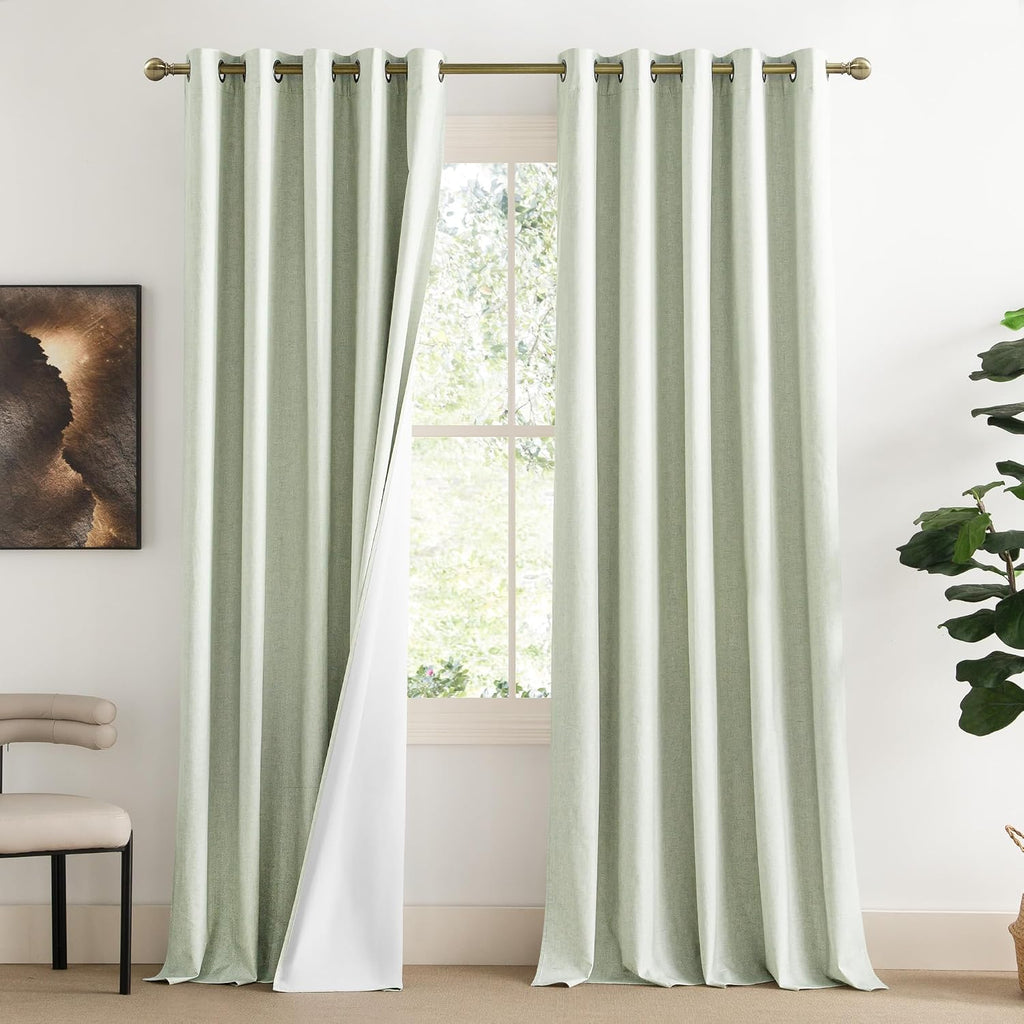 NICETOWN Sage Green Blackout Linen Curtains 95" Long, 2 Pieces, 62" Wide Each Panel, Bronze Grommet Full Light Blocking Drapes with White…