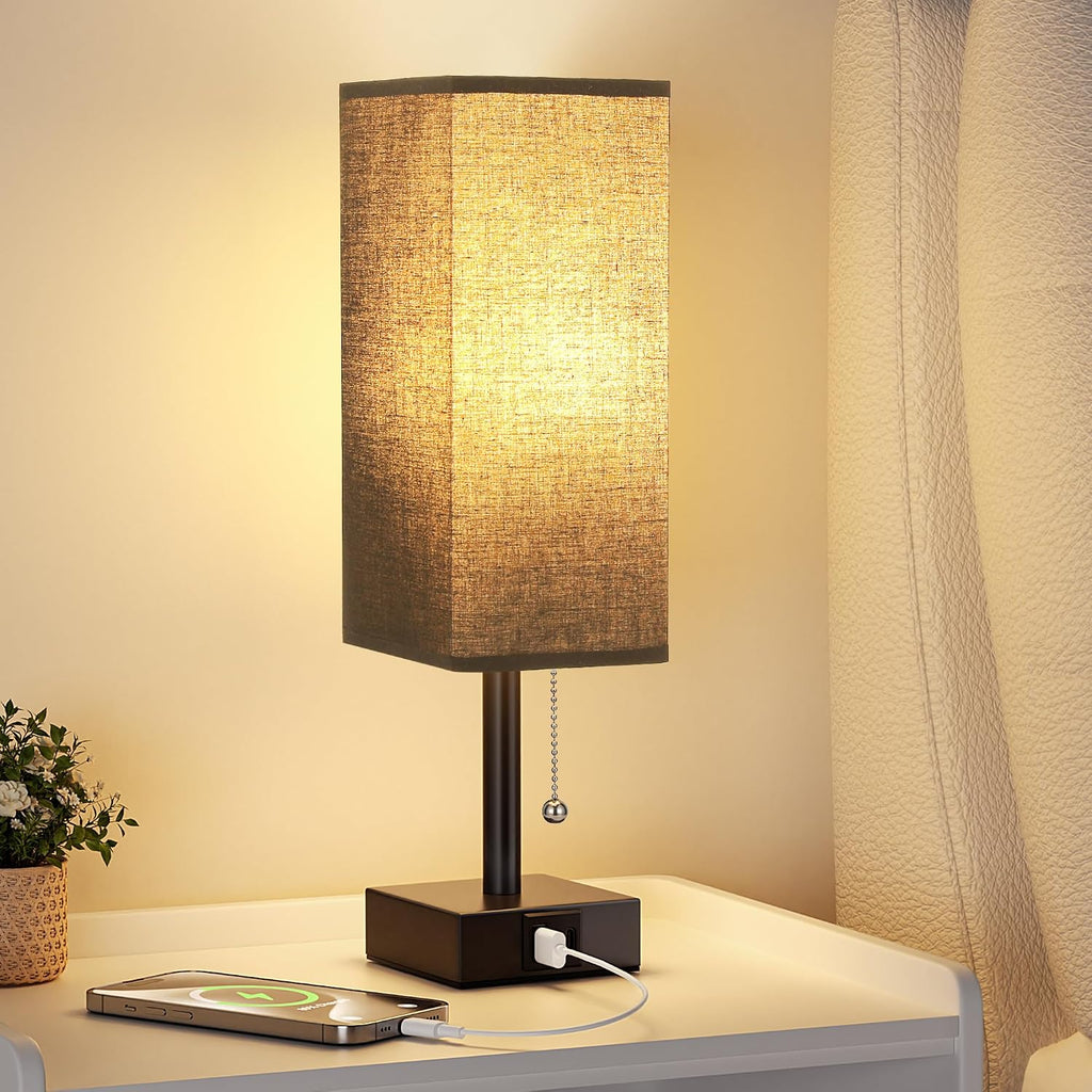 Aooshine Black Small Table Lamp for Bedroom - 3 Color Temperature 3000K 5000K 4000K Bedside Lamp, Pull Chain Control, USB A and C Charging…