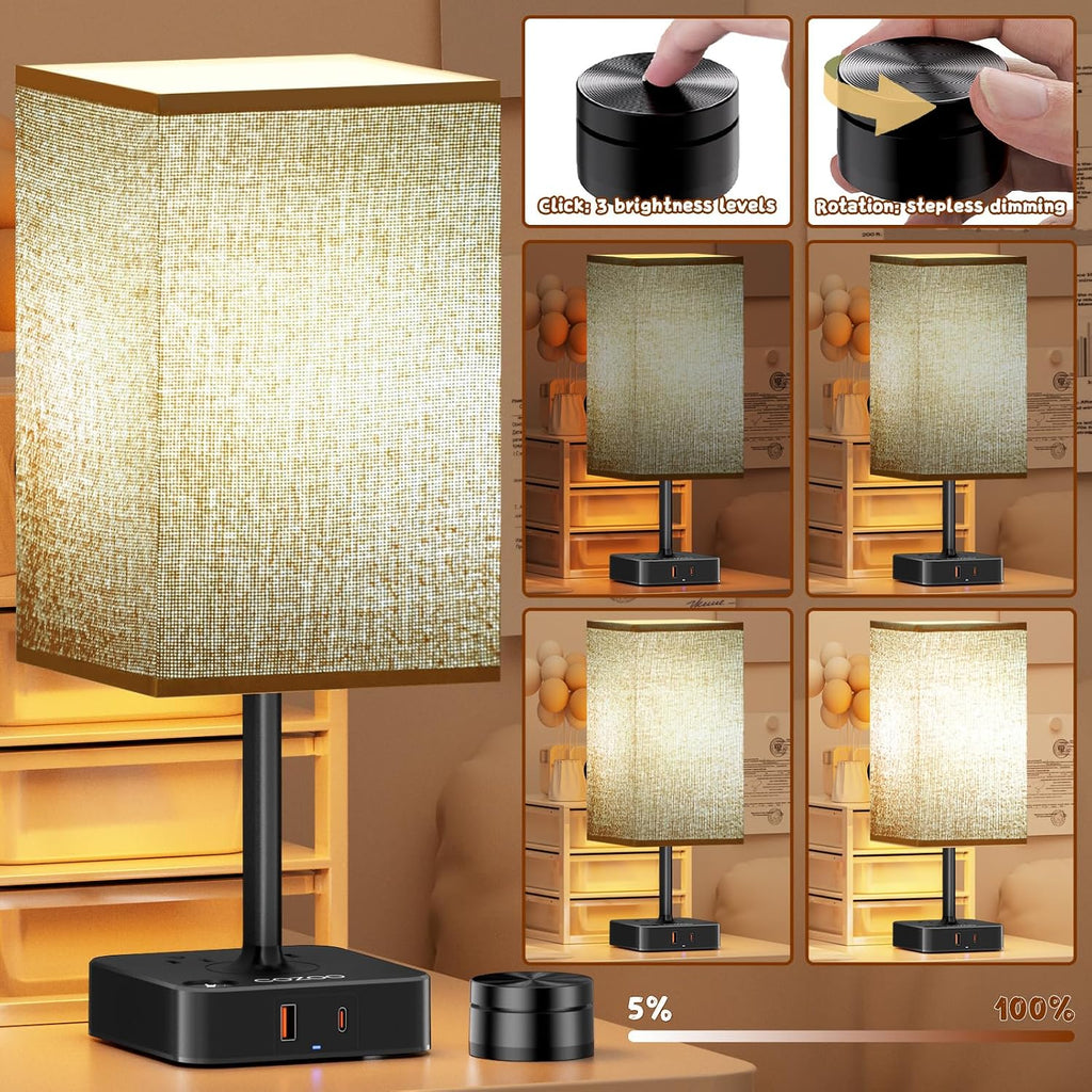 cozoo Bedroom Table Lamp with Remote Operation Control, Dimmable Bedside Table Desk Lamps with USB C+A Charging Ports 2 AC Outlets (Brown…