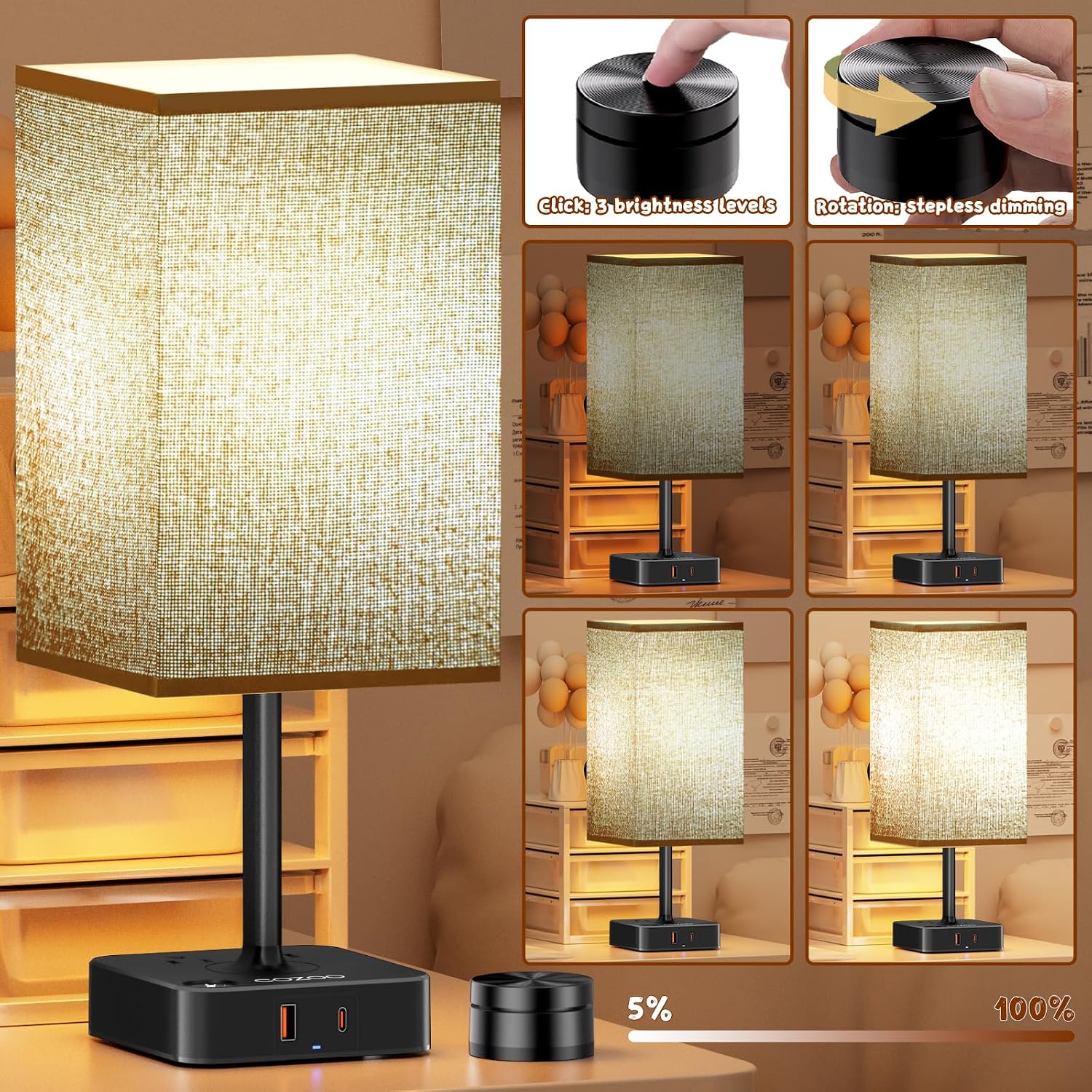 cozoo Bedroom Table Lamp with Remote Operation Control, Dimmable Bedside Table Desk Lamps with USB C+A Charging Ports 2 AC Outlets (Brown…
