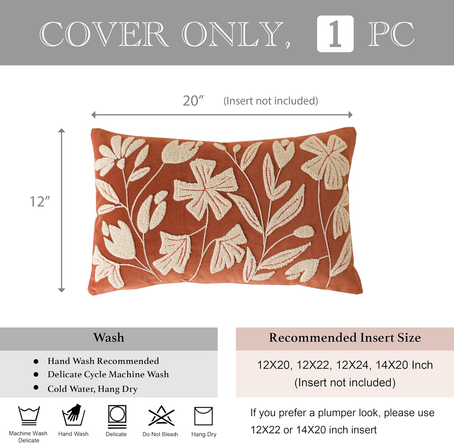 BlissBlush 12x20 Lumbar Pillow Cover, Brick Red Rectangular Decorative Throw Pillowcase for Couch Sofa, Floral Tufted Embroidered Velvet…