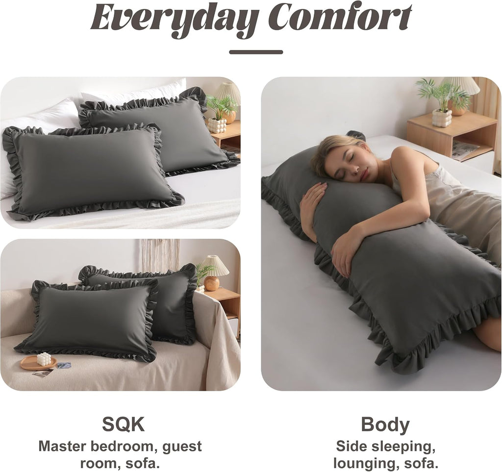 Bedsum Ruffled Pillow Shams Queen 20x30 Set of 2, Brushed Microfiber Pillowcases with Envelope Closure, Soft Wrinkle-Resistant, Dark Grey G…