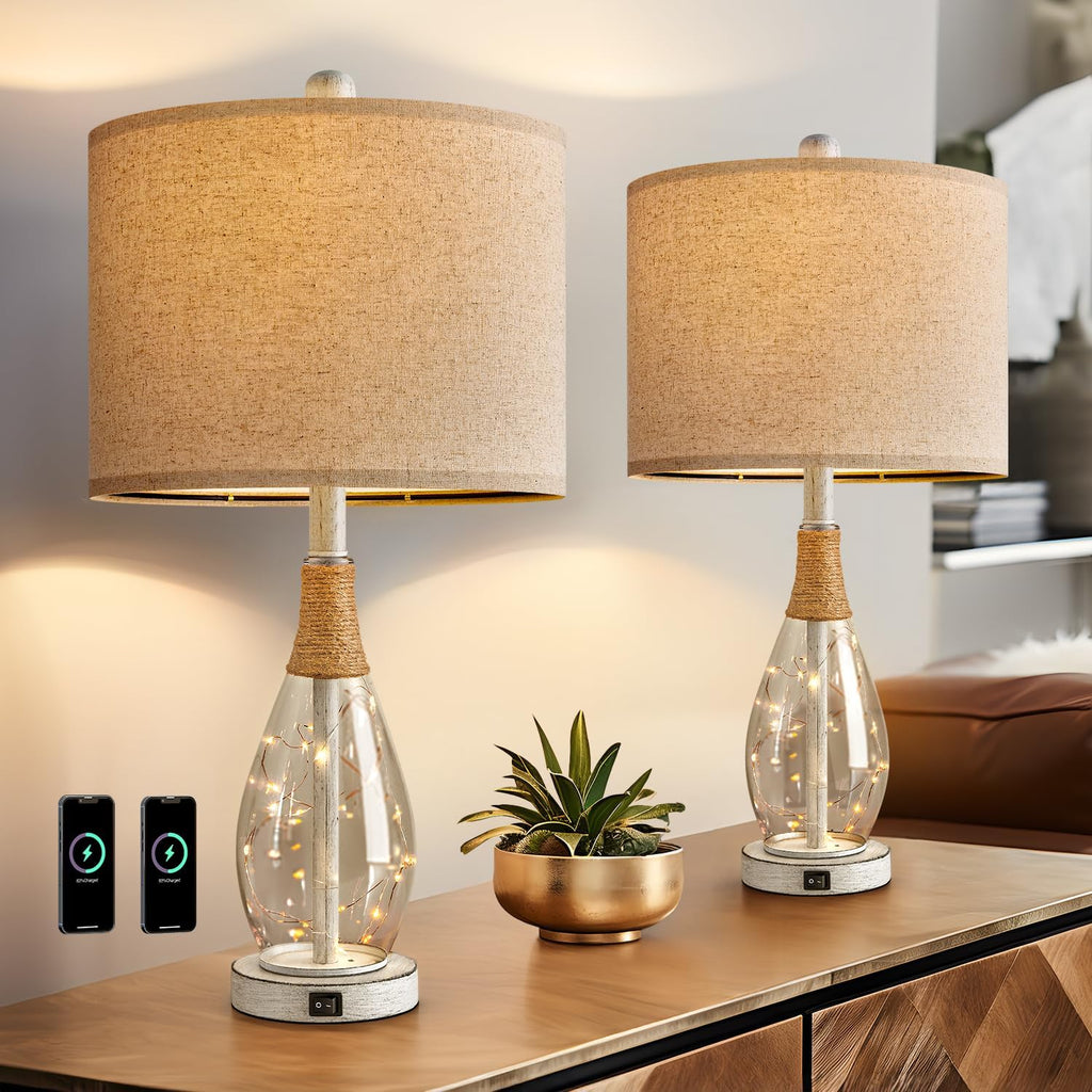 OYEARS 23" Table Lamps for Living Room Set of 2 Bedside Lamps for Night Stands Bedroom Lamps Farmhouse Rattan Boho Lamp Glass Nightlight…