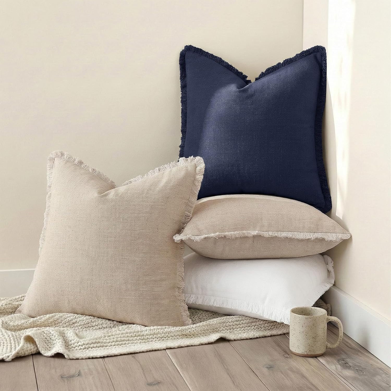 decorUhome Summer Decorative Neutral Linen Fringe Lumbar Throw Pillow Covers Set of 2 Black Pillow Covers with Tassels Soft Farmhouse Boho…