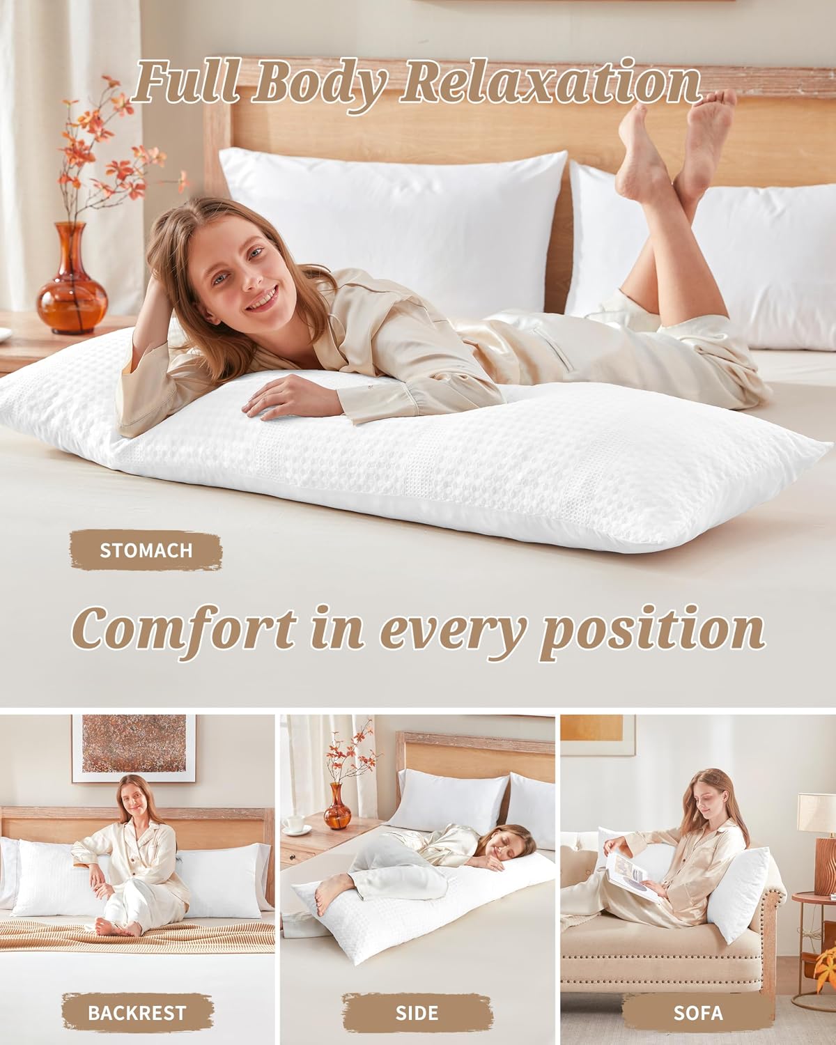 YZ HOME Waffle Weave Body Pillow for Adults - Memory Foam Body Pillow with Removable Pillowcase - Firm and Fluffy - Large Long Bed…