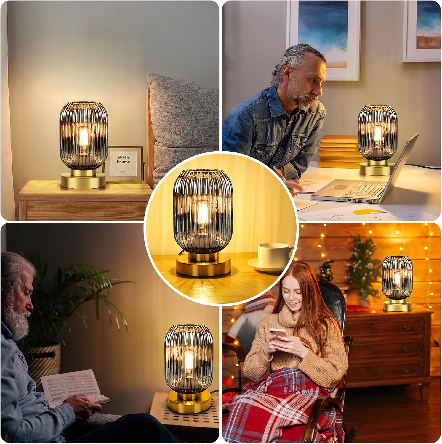 Ledikon Mid Century Modern Table Lamp with Smoke Grey Ribbed Glass Shade, Touch Control & 3 Way Dimmable, Small Gold, Vintage Bedside Lamp…