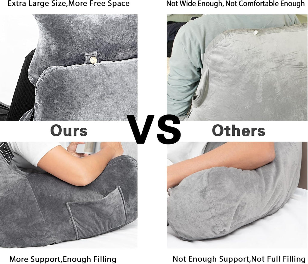 SLIGUY Reading Pillow for Sitting in Bed Couch Adult, Back Pillow with arm Support and Pockets, Adult Back Pillow Bed Chair for Bed Rest…