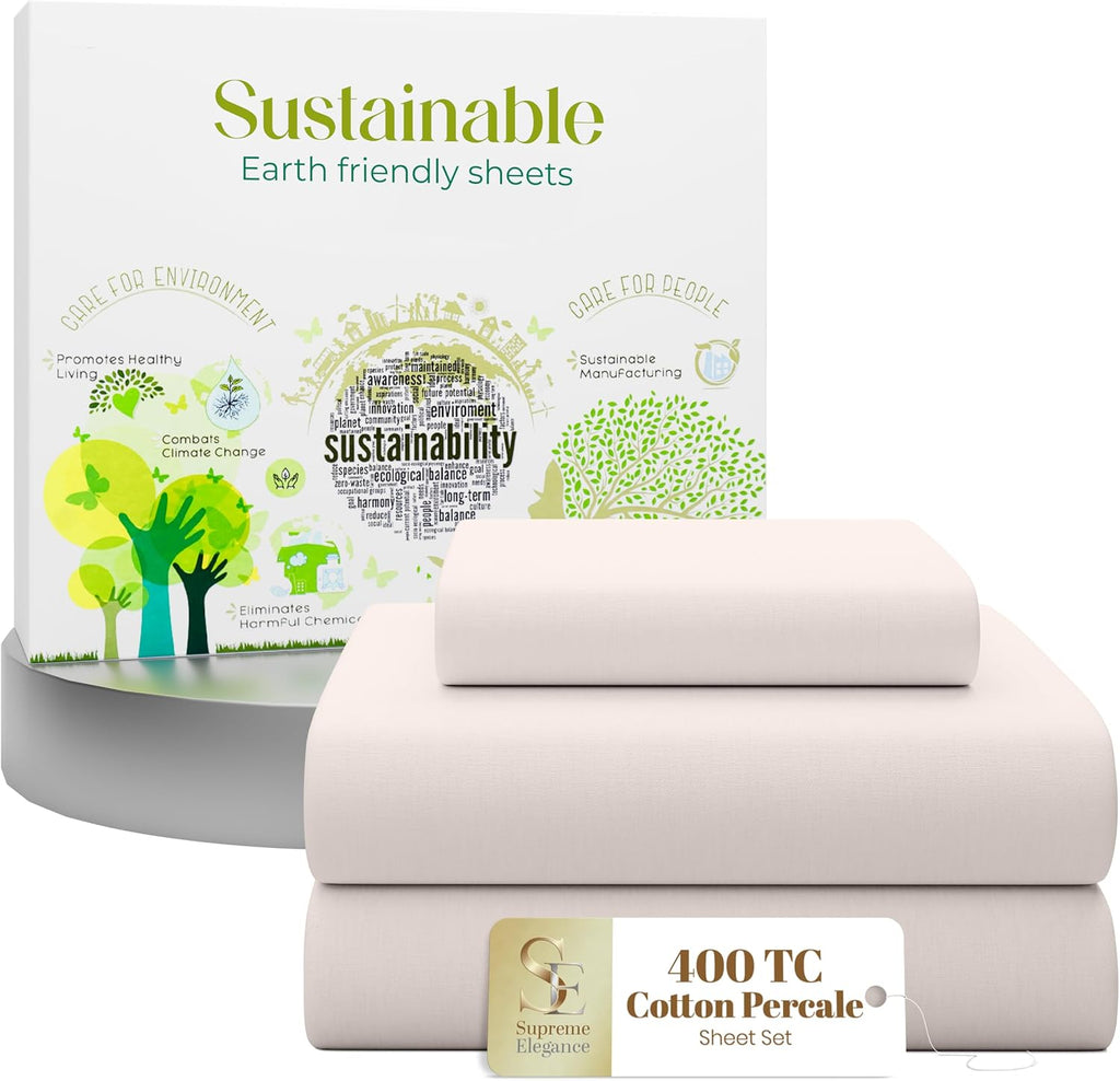 SupremeElegence SUPREME ELEGANCE 3 Pcs 100% Cotton Twin Sheets Set, Light Pink, 400 Thread Count, Percale Weave, Cooling, Deep Pocket Fitte…