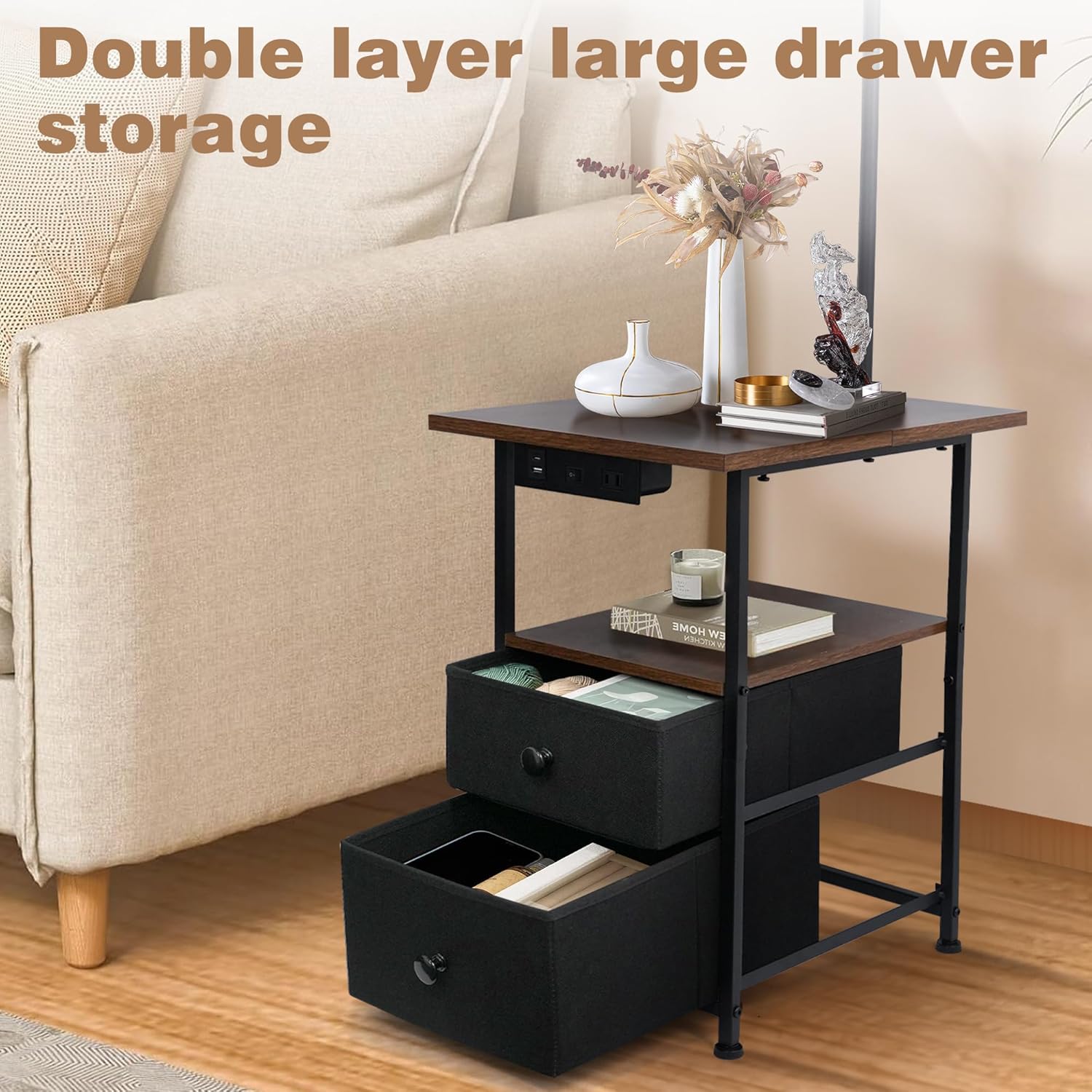PESRAE Floor Lamp with Table & 2 Drawers, End Table with 3 Color Temperature Reading Light, Side Table Lamp with USB & Type C & AC…