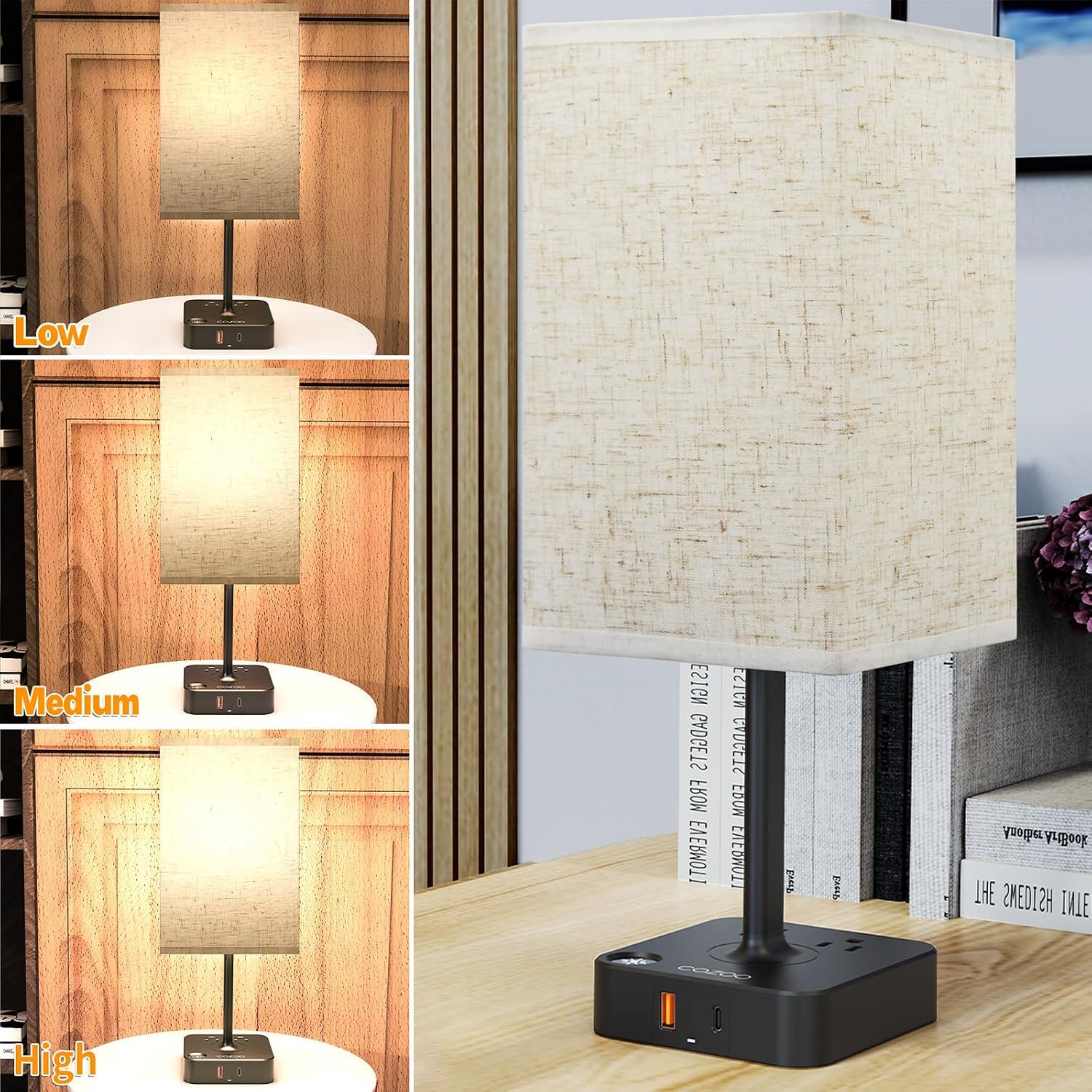 COZOO USB Bedside Dimmable Table Desk Lamp with 2 USB Charging Ports 2 Outlets Power Strip, Black Charger Base Flaxen Fabric Shade, LED…