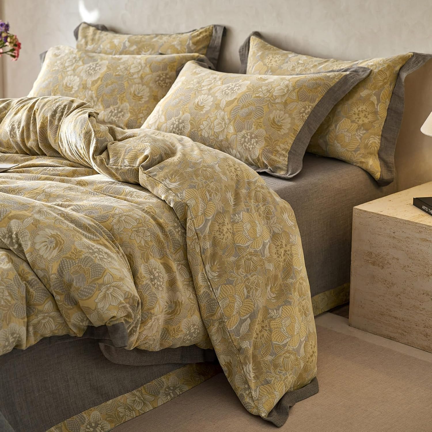 mixinni Duvet Cover King, Cotton Double-Layer Yarn Golden Floral Jacquard Reversible Grey Comforter Cover with Edge Design, Farmhouse Beddi…
