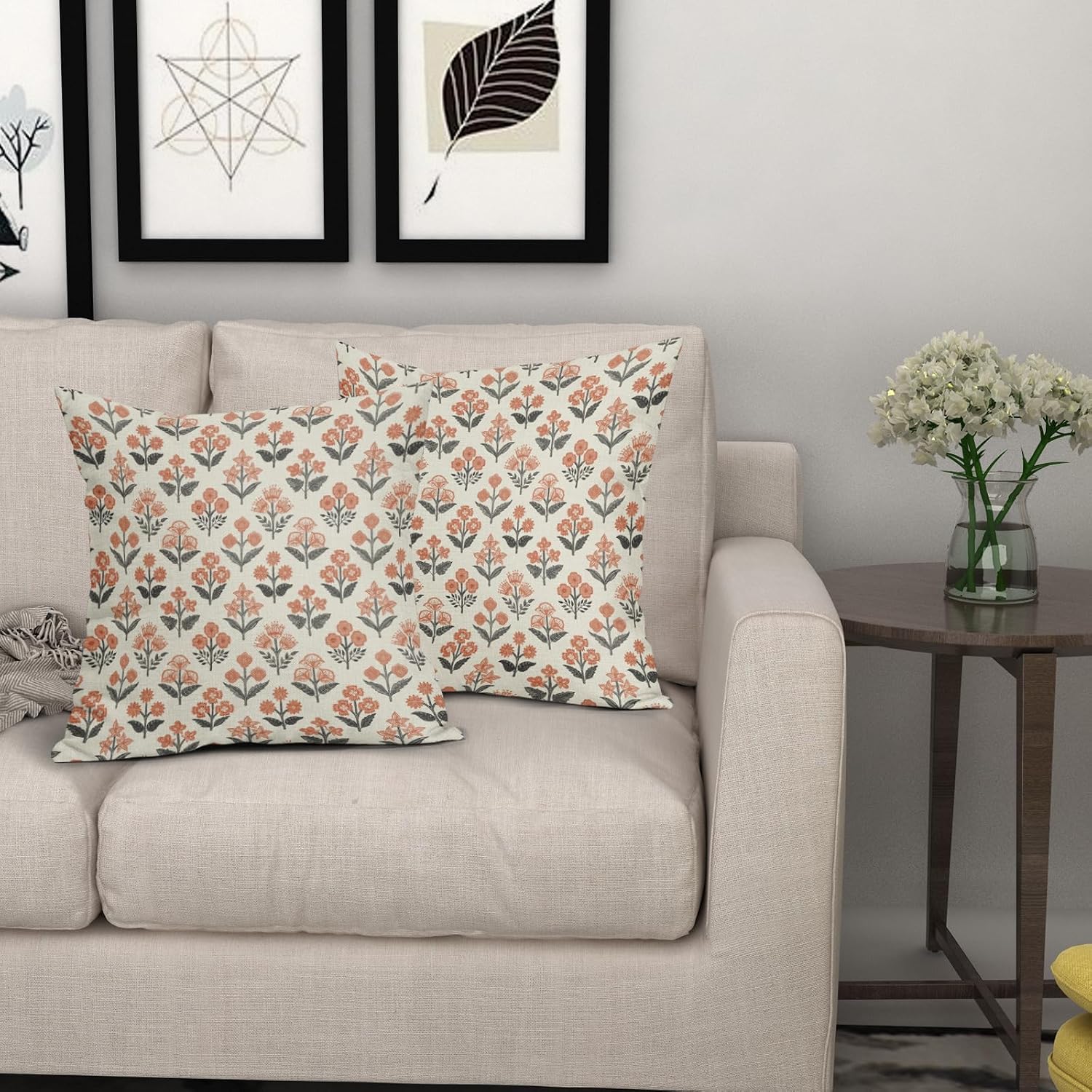 Orange Black Floral Pillow Covers 24x24 Inch Set of 2, Vintage Flower Block Print Pattern Decorative Throw Pillowcases Outdoor Farmhouse…