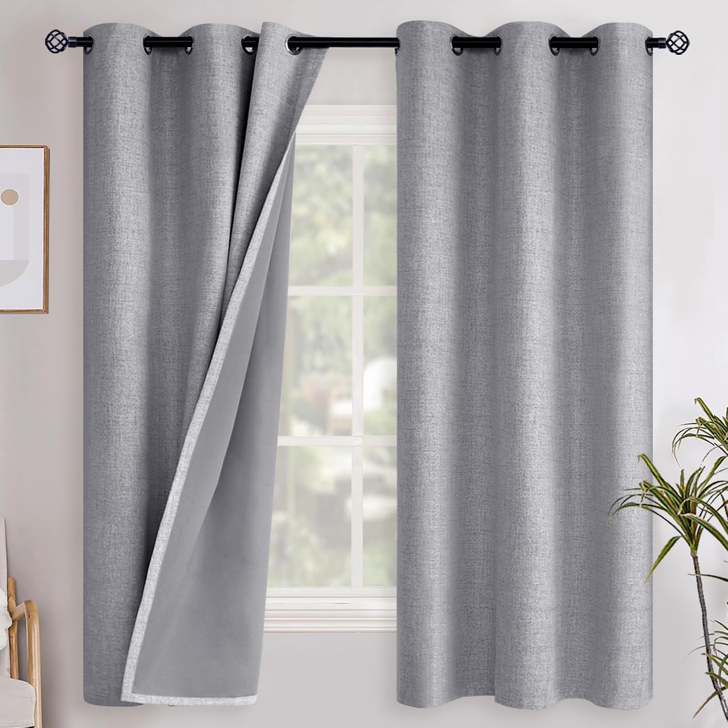 YoungsTex Grey Linen Blackout Curtains 63 Inch Length for Bedroom, Thermal Insulated Light Blocking Drapes with Grommet Room Darkening for…