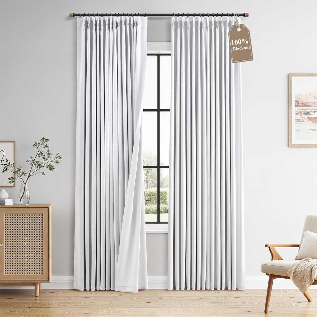 Boodii Snow White 100% Blackout Linen Pinch Pleated Curtains 84 Inch Length 2 Panels Set Thermal Insulated Pleat Curtain for Bedroom Living…