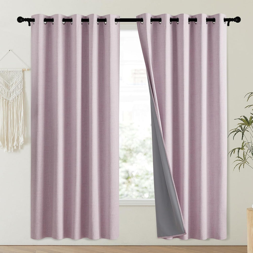 NICETOWN Pink Vintage Linen 100% Blackout Curtains for Playroom, Thermal Insulated Curtains 72" Long, Noise Reducing Window Treatment…