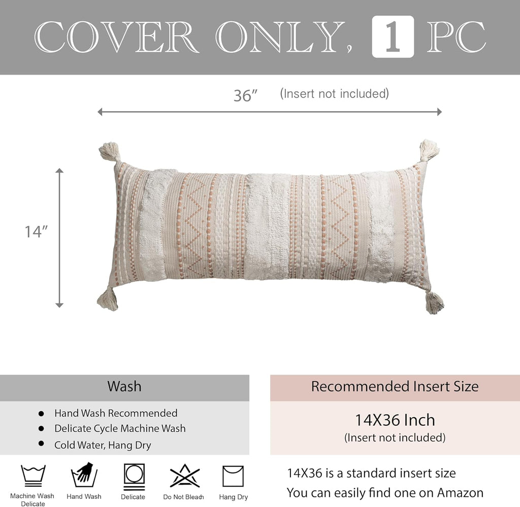 BlissBlush 14x36 Lumbar Pillow Cover for Bed, Rectangular Long Decorative Throw Pillowcase, Boho Accent Cushion with Tufted Pattern and…