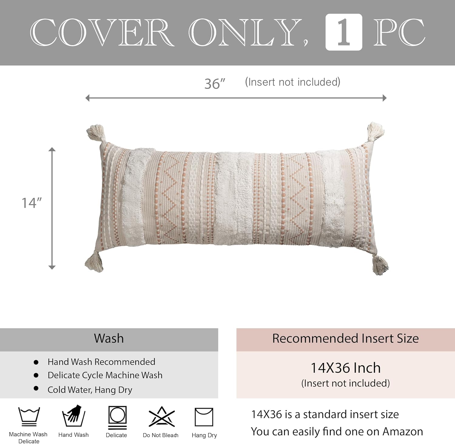 BlissBlush 14x36 Lumbar Pillow Cover for Bed, Rectangular Long Decorative Throw Pillowcase, Boho Accent Cushion with Tufted Pattern and…