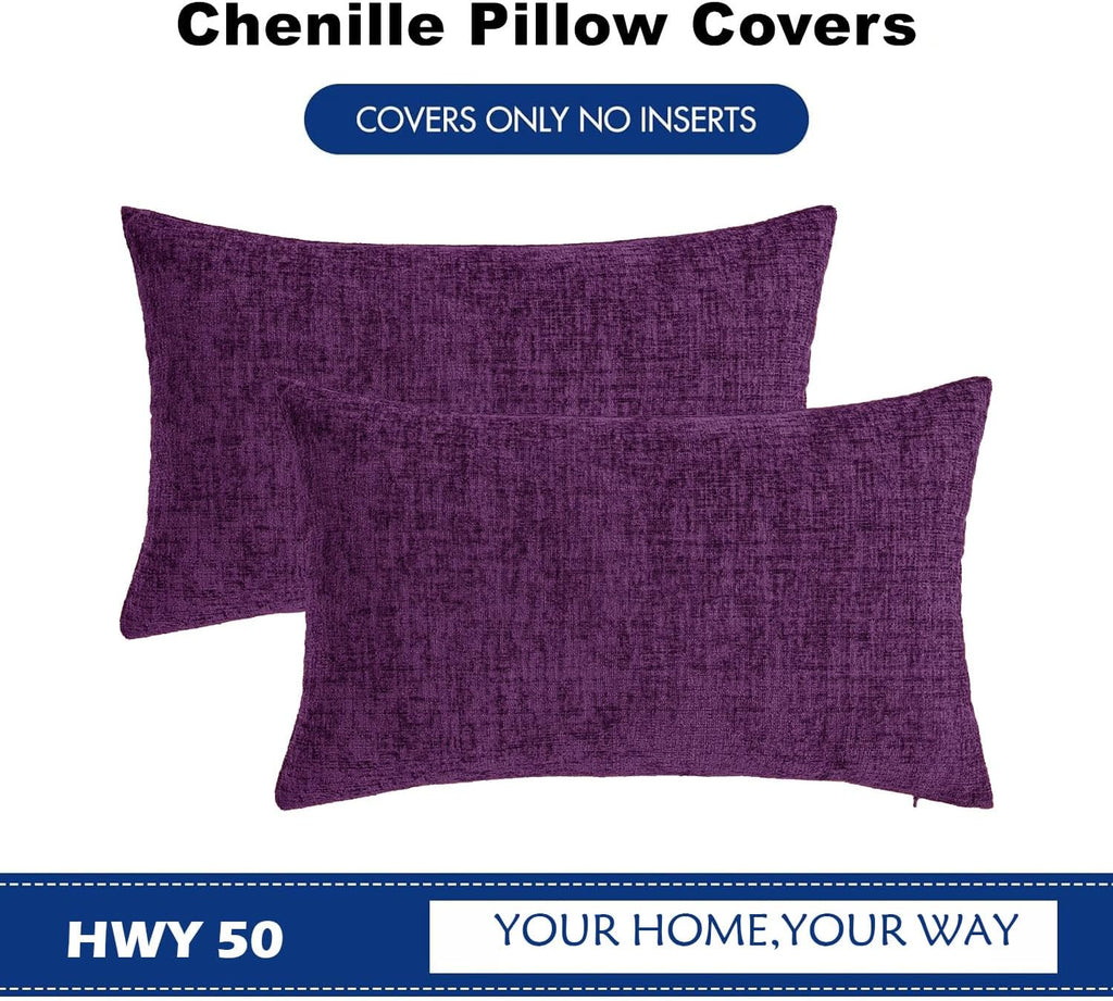 Hwy50 HWY 50 Purple Lumbar Pillow Covers 12x20 Inch Pack of 2, Soft Chenille Decorative Throw Pillow Covers Farmhouse for Couch Sofa Living…