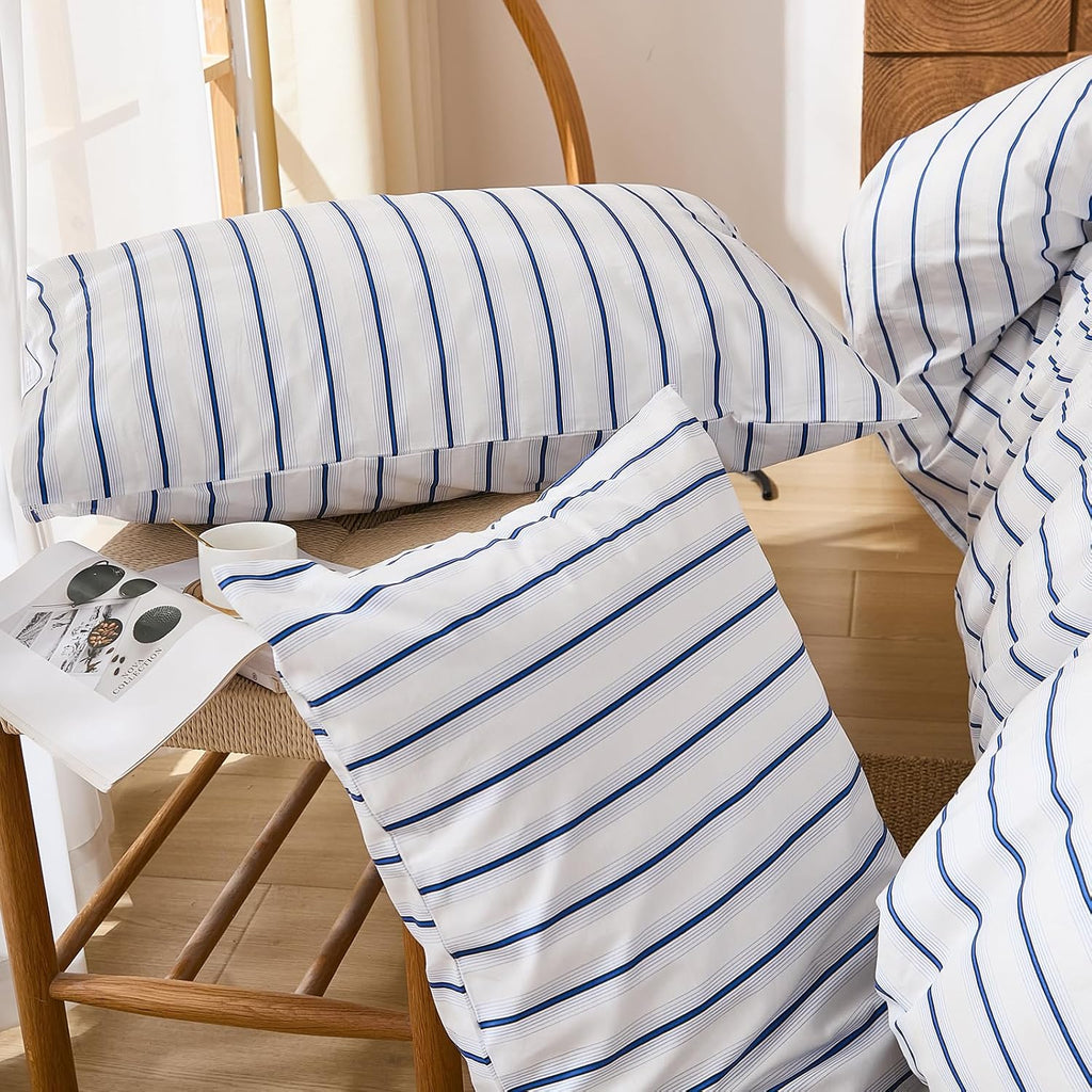 Merryword Queen Size Pillowcases, 100% Cotton Pillow Cases, Blue and White Striped Pillowcases, Luxury Linen Like Pillowcase, Soft Breathab…