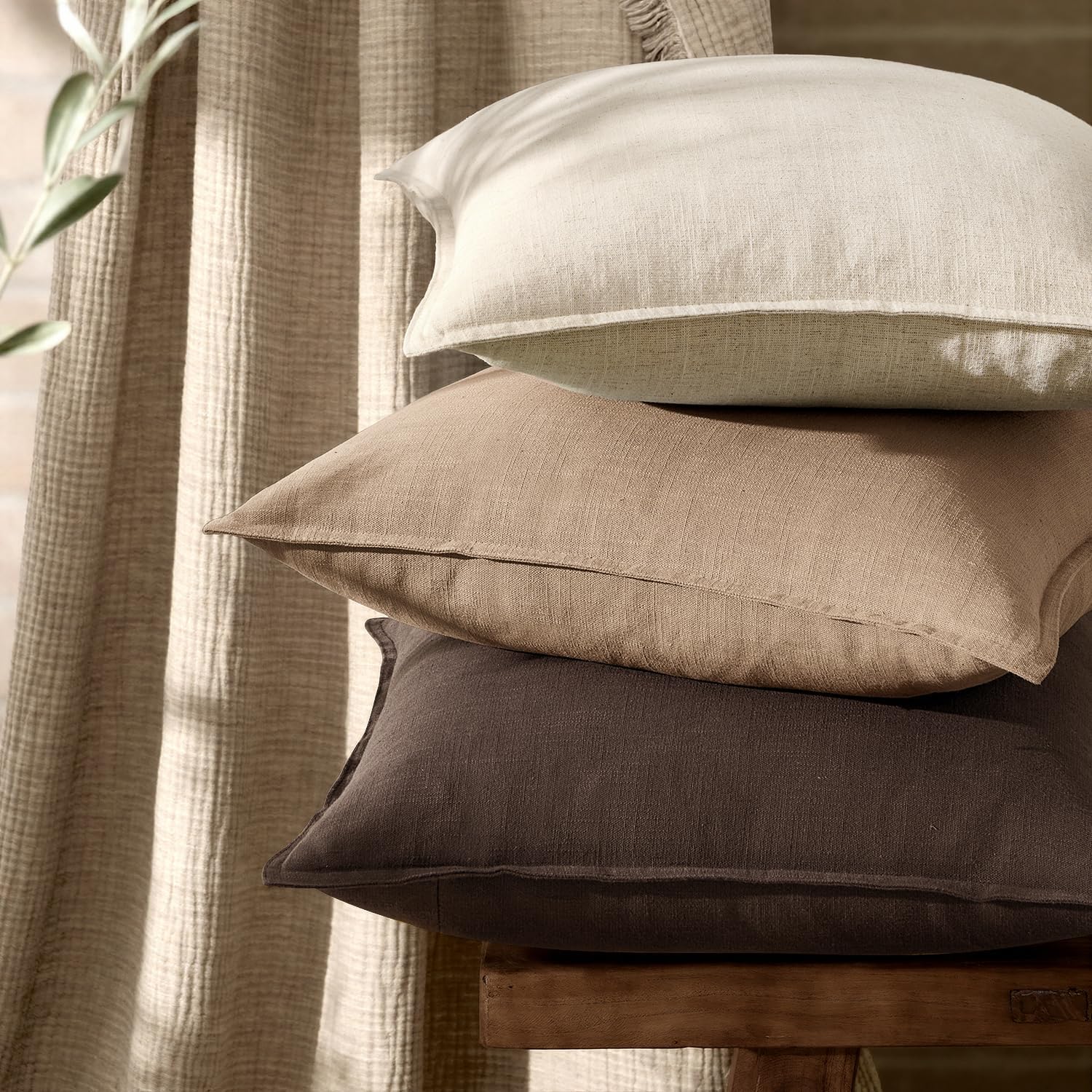 Anroduo Pack of 2 Decorative Linen Pillow Covers Coco Brown Euro Sham Neutral Farmhouse Boho Soild Cushion Case Soft Accent Pillowcase for…