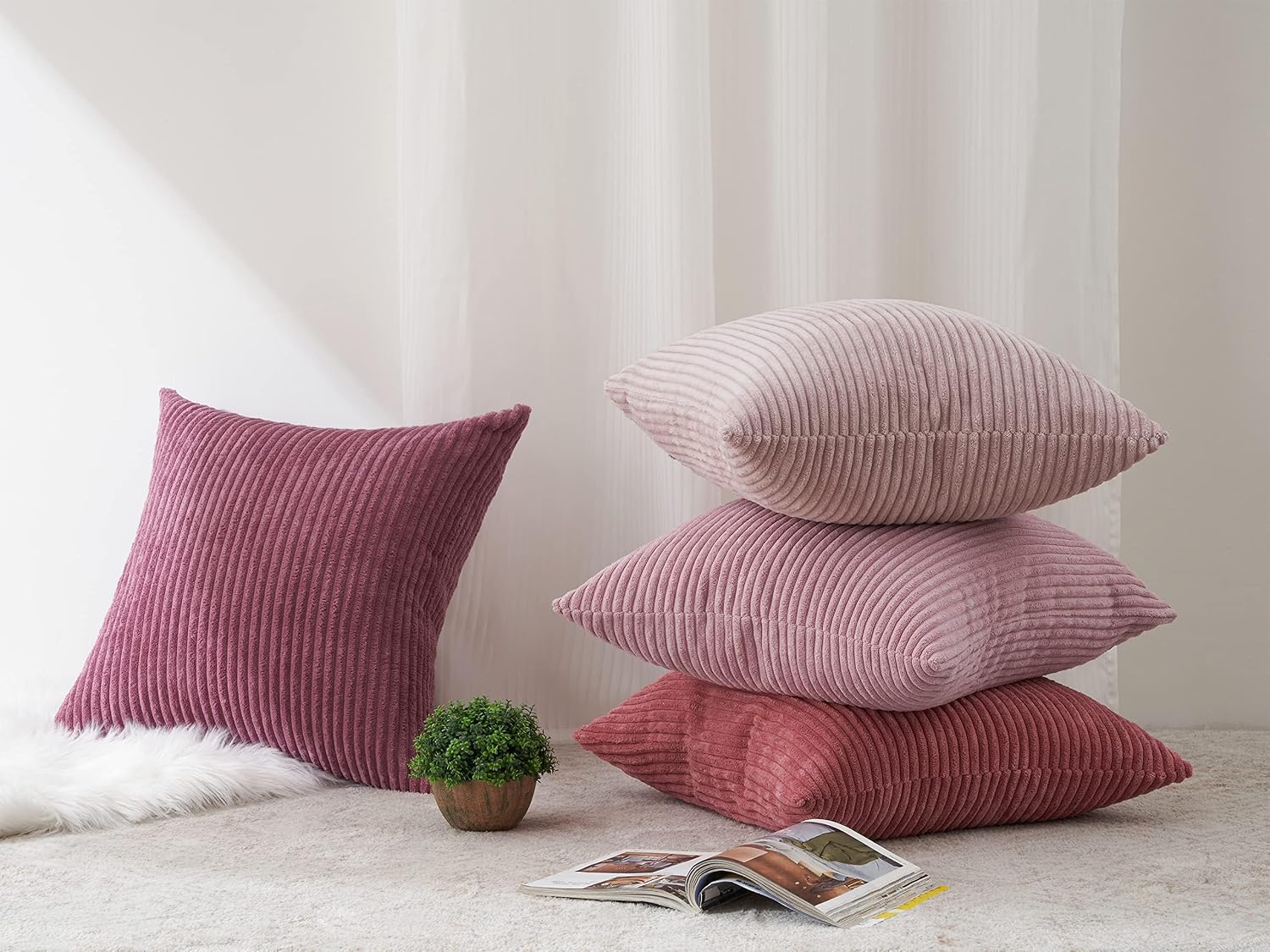 Topfinel Throw Pillow Cover 4pc Set - Multi Pink Combo - 26" x 26" Solid Cozy Corduroy Square Accent Decorative Cushion Case for Couch Sofa…