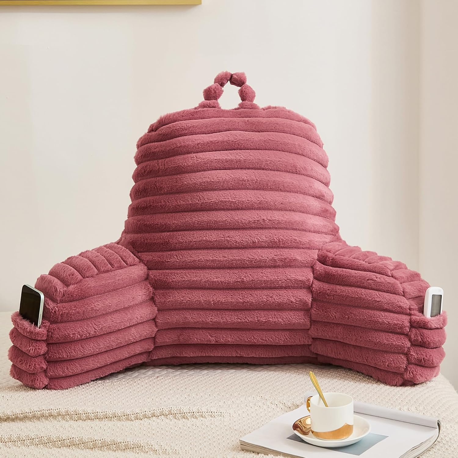 Memfydu Faux Fur Fluffy Dusty Rose Reading Pillow with Pockets, Luxury Striped Plush Decorative, Arm Rests and Back Support for Bed Rest, L…