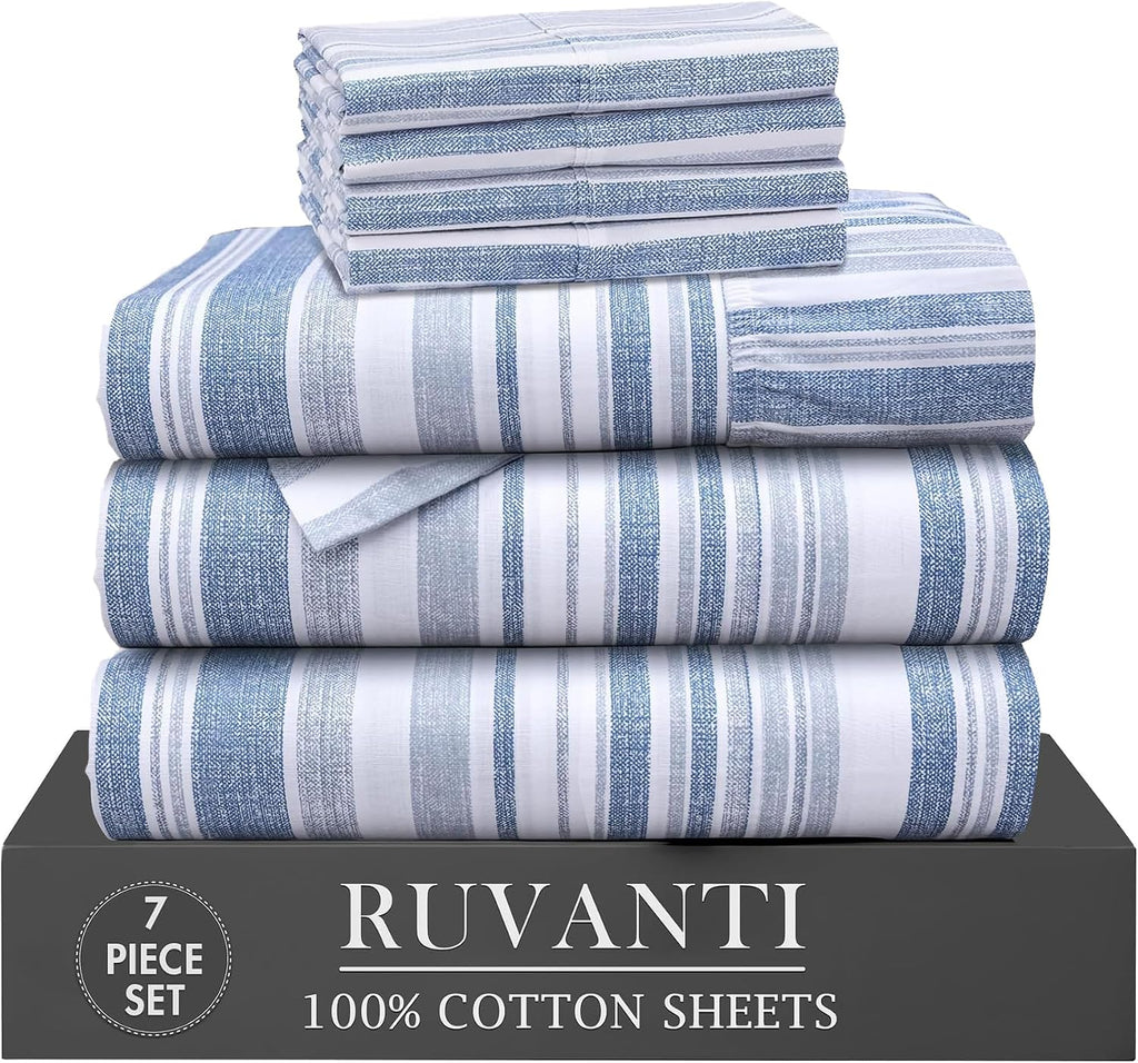 Ruvanti 100% Cotton Percale Sheets Split King Size 7 Piece Set, Cooling Bed Sheets for Hot Sleepers, Deep Pocket 16”, Breathable Lightweigh…