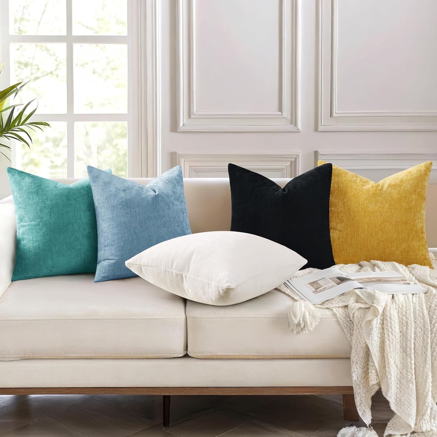 decorUhome Chenille Turquoise Summer Throw Pillow Covers 22x22 Inch Set of 2, Decorative Soft Couch Pillow Covers Solid Dyed Accent Farmhou…