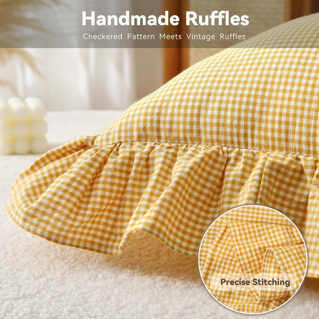 Jilboo 2 Pack 18 x18 inches Yellow/White Checkered Throw Pillow Covers 100% Washed Cotton Vintage Ruffle Trim Decorative Gingham Pillowcase…