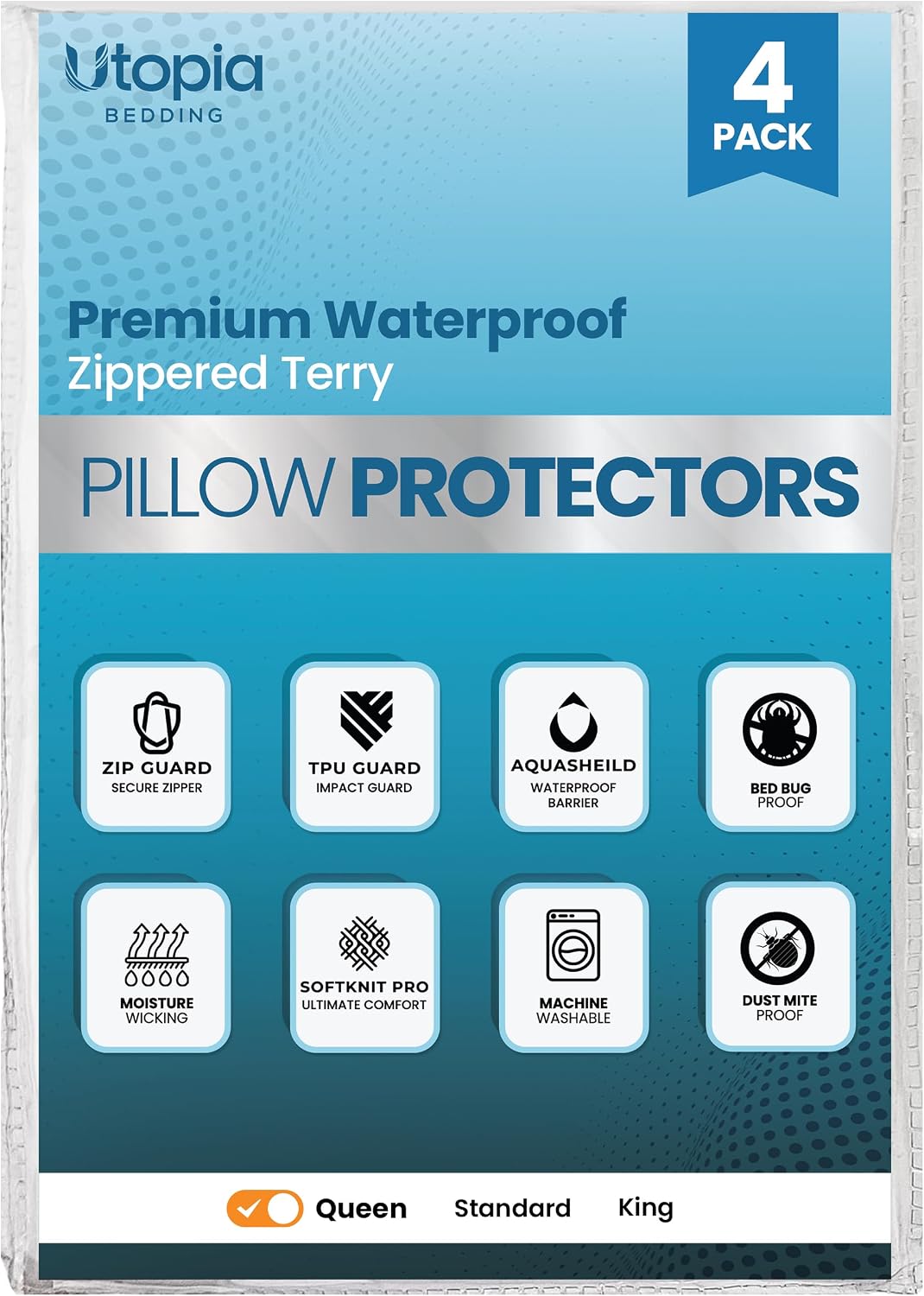 Utopiabedding Utopia Bedding Set of 4 Waterproof Pillow Protectors with Zipper Queen Size 20 x 28 Inches, Terry Polyester Pillow Covers, Be…