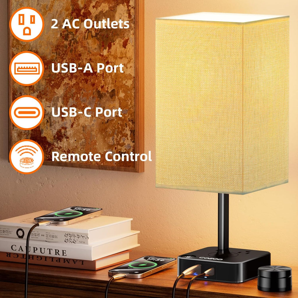 Bedside Lamp with Remote Control & Dimmable Light, 2 AC Outlets + USB-C/USB-A Charging Ports, Beige Shade Nightstand Table Desk Lamp for…