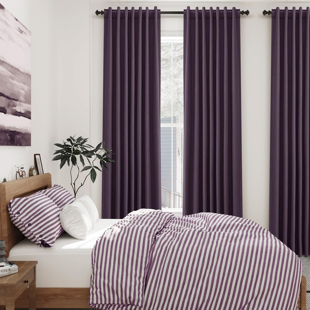 Nanspring Plum 100% Blackout Linen Curtains 108 Inches Long for Bedroom Back Tab Thermal Insulated Luxury Modern Boho Decor Black Out Curta…