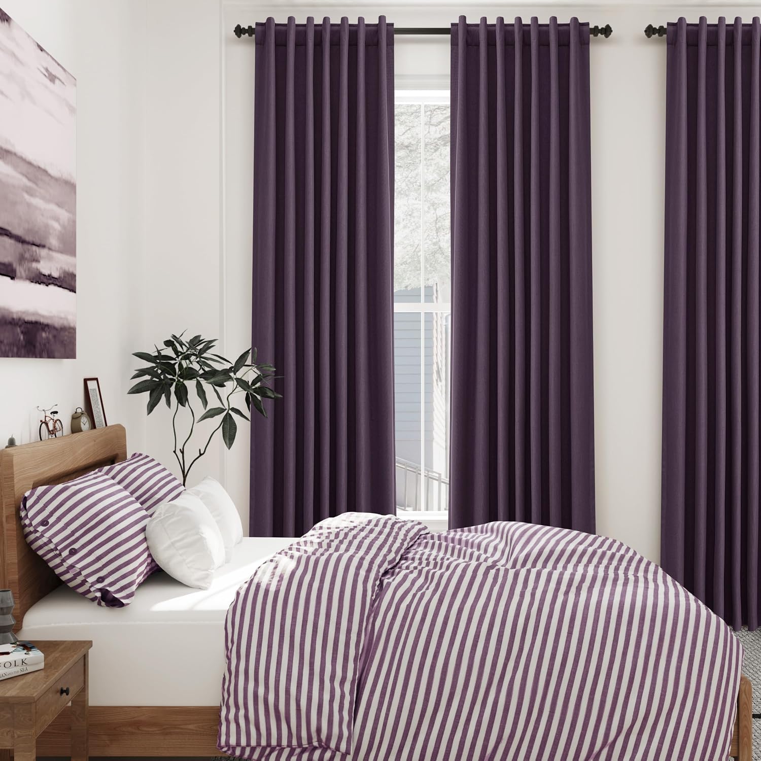 Nanspring Plum 100% Blackout Linen Curtains 108 Inches Long for Bedroom Back Tab Thermal Insulated Luxury Modern Boho Decor Black Out Curta…