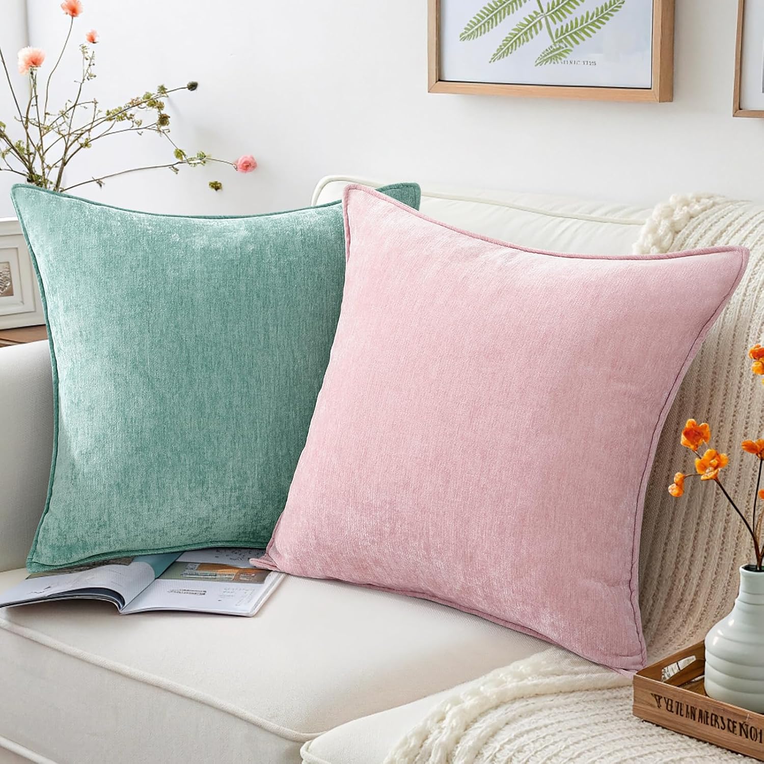 decorUhome Summer Couch Throw Pillow Covers 20x20 Set of 2, Decorative Soft Velvet Modern Cozy Chenille Pillow Cases with Elegant Design fo…