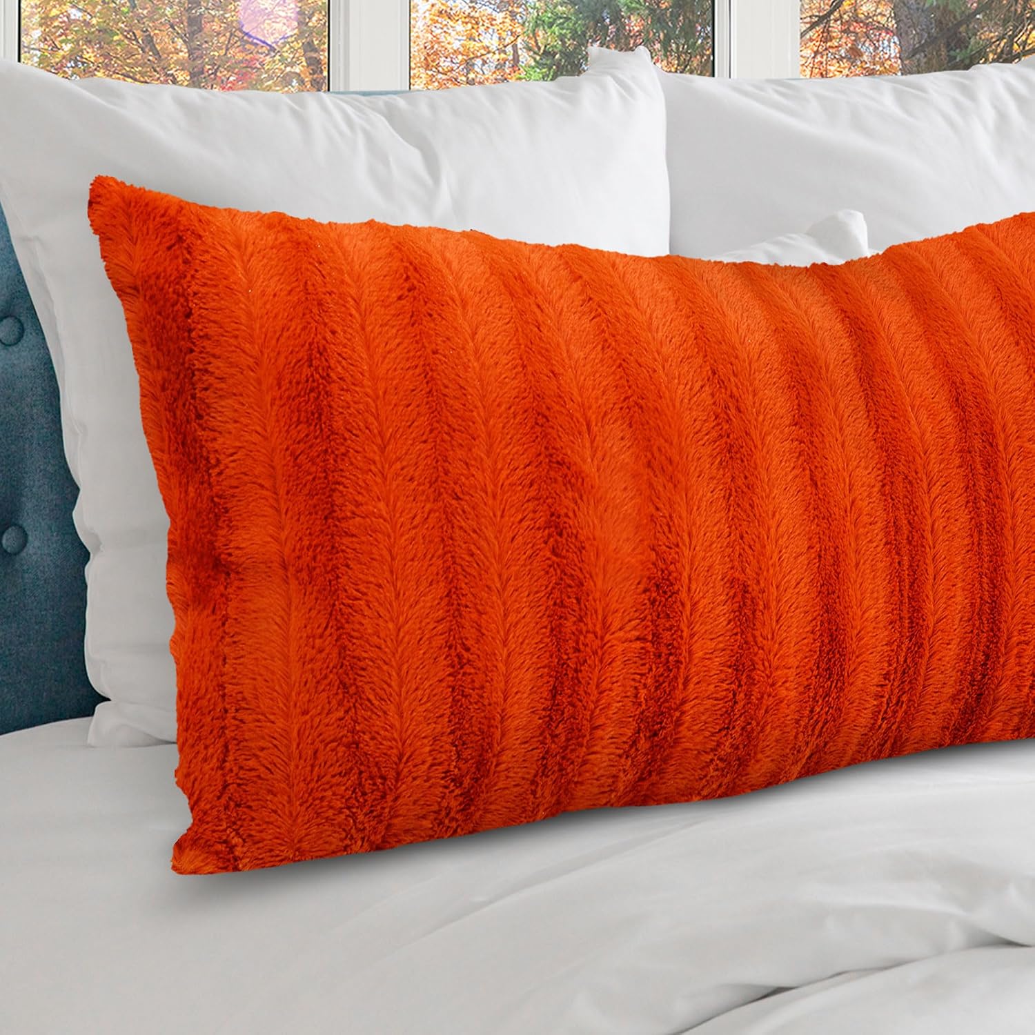 Cheer Collection Faux Fur Long Body Pillow - Accent Throw Pillow for Bed and Couch - Decorative Lumbar Pillow with Insert, Rust Orange…