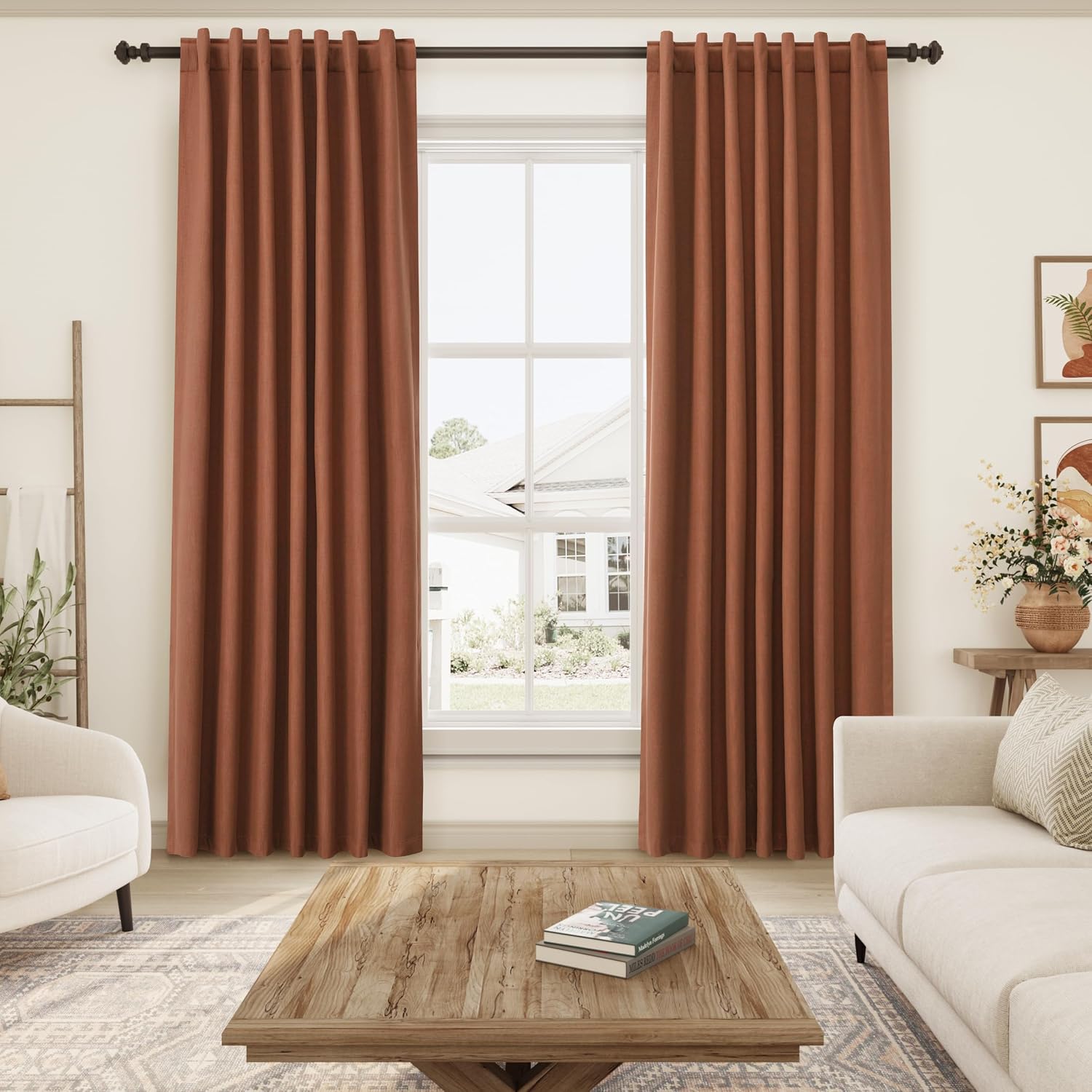 Nanspring Terracotta 100% Blackout Linen Curtains for Bedroom 90 Inches Long Back Tab Thermal Insulated Boho Farmhouse Decor Black Out Curt…
